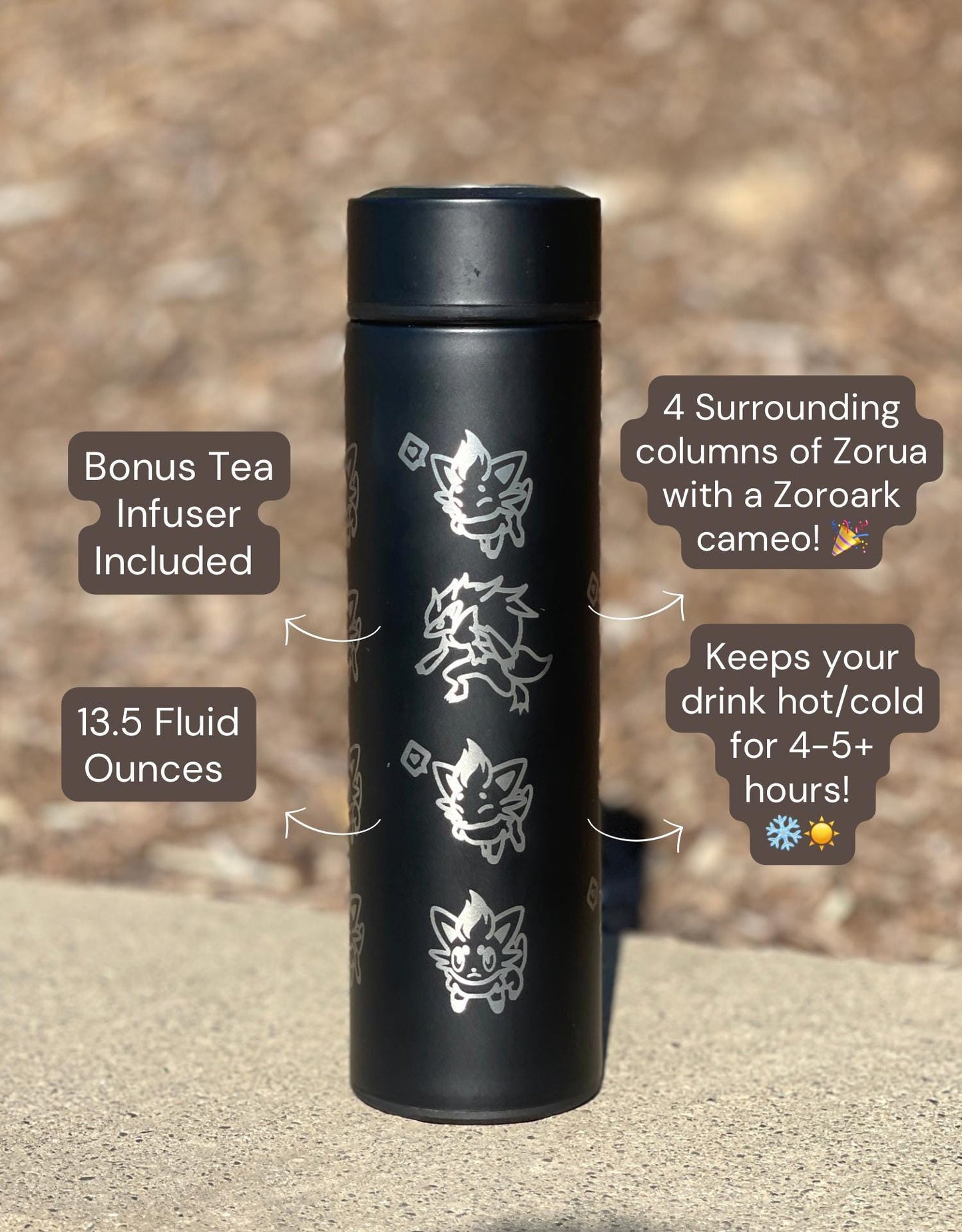 Zorua Zoroark Hisuian Zorua Coffee Tumbler Set with Tea Infuser, Engraved Waterbottle Travel Mug Thermos, Cute Anime Fan Birthday Gift