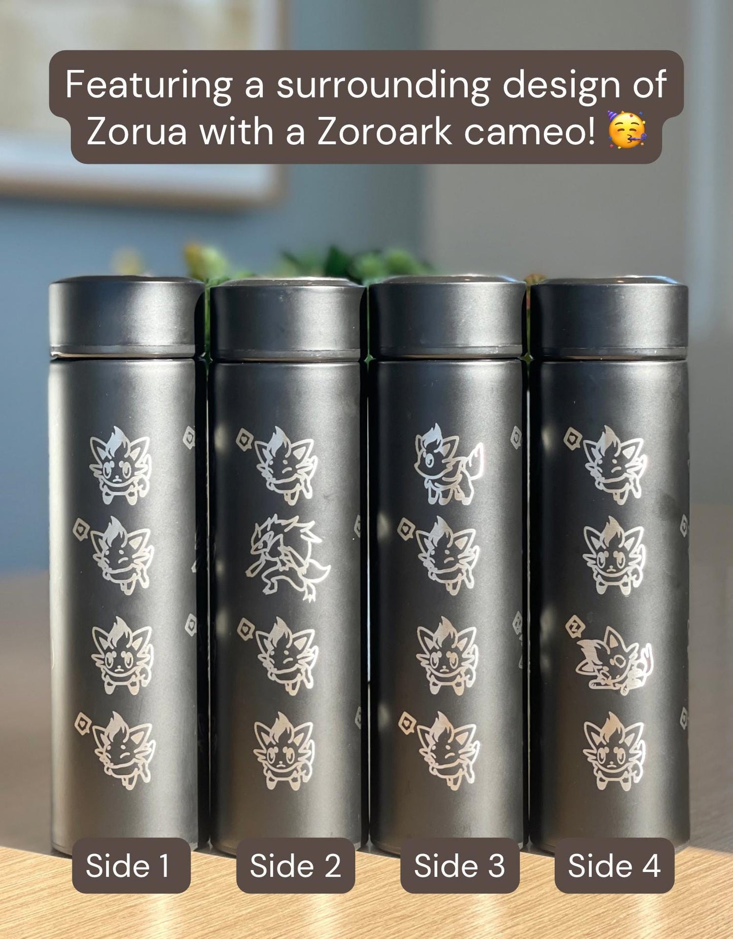 Zorua Zoroark Hisuian Zorua Coffee Tumbler Set with Tea Infuser, Engraved Waterbottle Travel Mug Thermos, Cute Anime Fan Birthday Gift