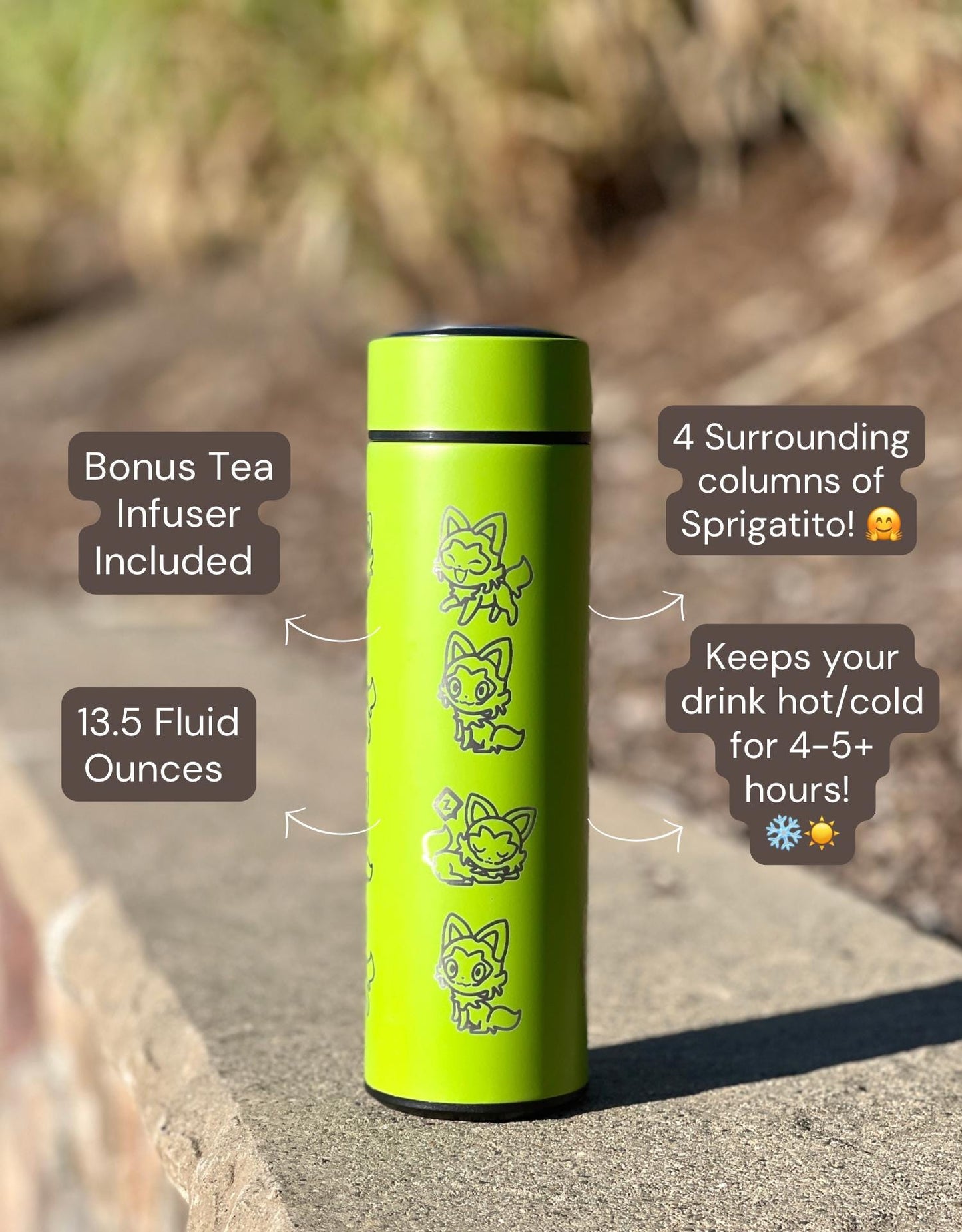 Sprigatito Coffee Tumbler with Tea Infuser, Sleeping Sprigatito, Cute Engraved Waterbottle Paldea Grass Starter Cat, Anime Fan Birthday Gift