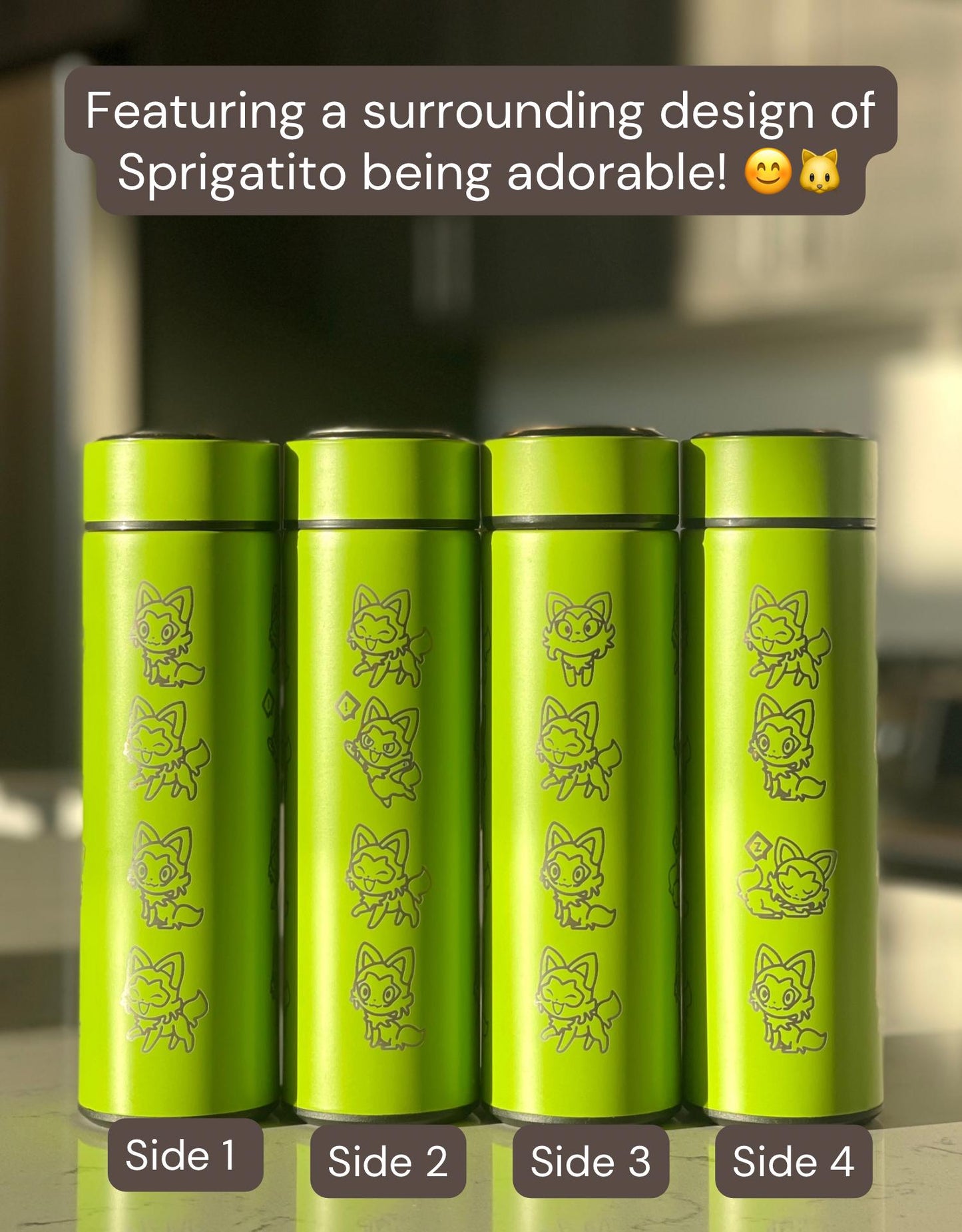 Sprigatito Coffee Tumbler with Tea Infuser, Sleeping Sprigatito, Cute Engraved Waterbottle Paldea Grass Starter Cat, Anime Fan Birthday Gift