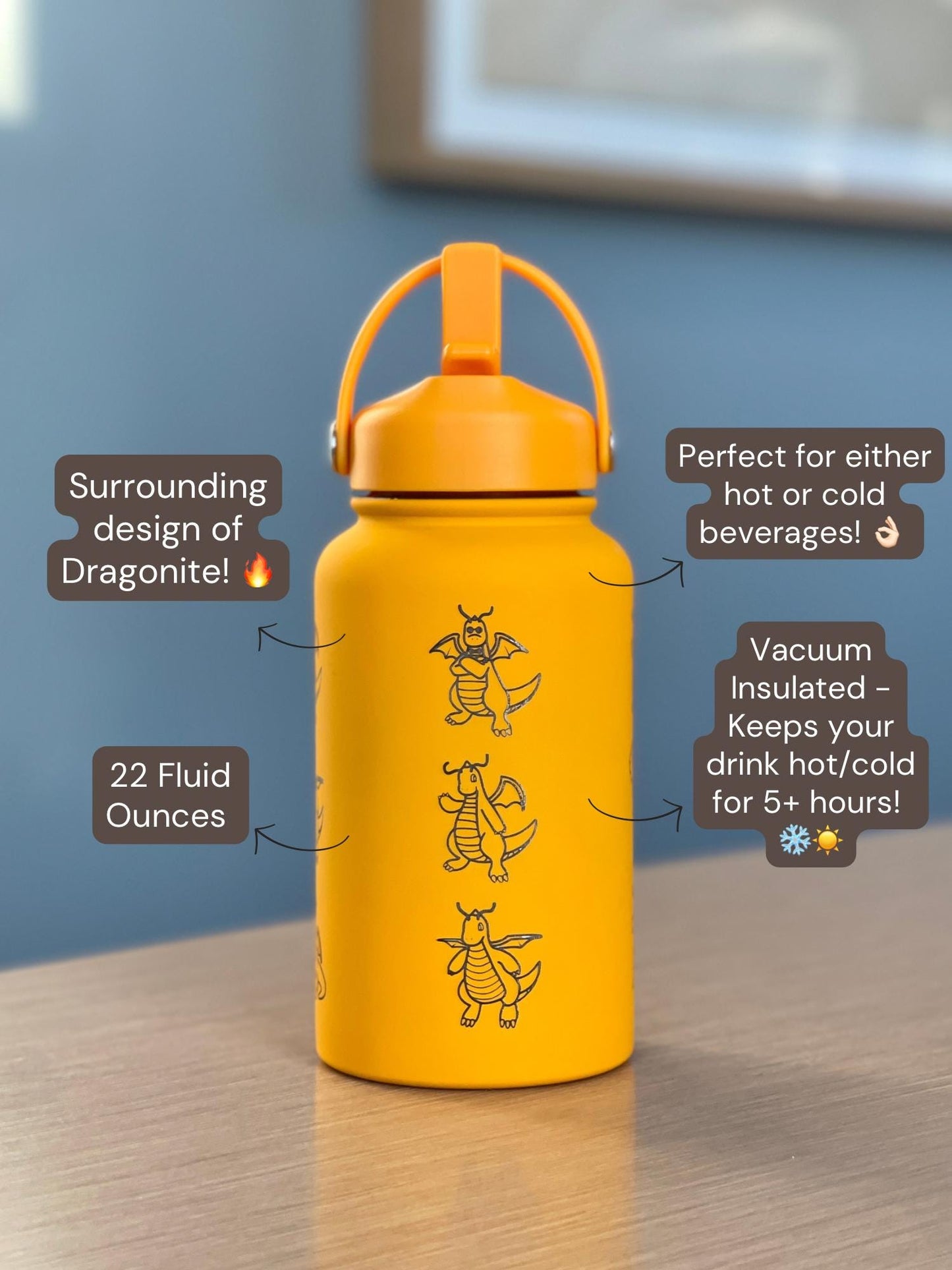 Dragonite Water Bottle with Mega Dragonite, Engraved Coffee Tumbler, Glasses & Unite Gardening Style Costume Waterbottle, Anime Fan Gift