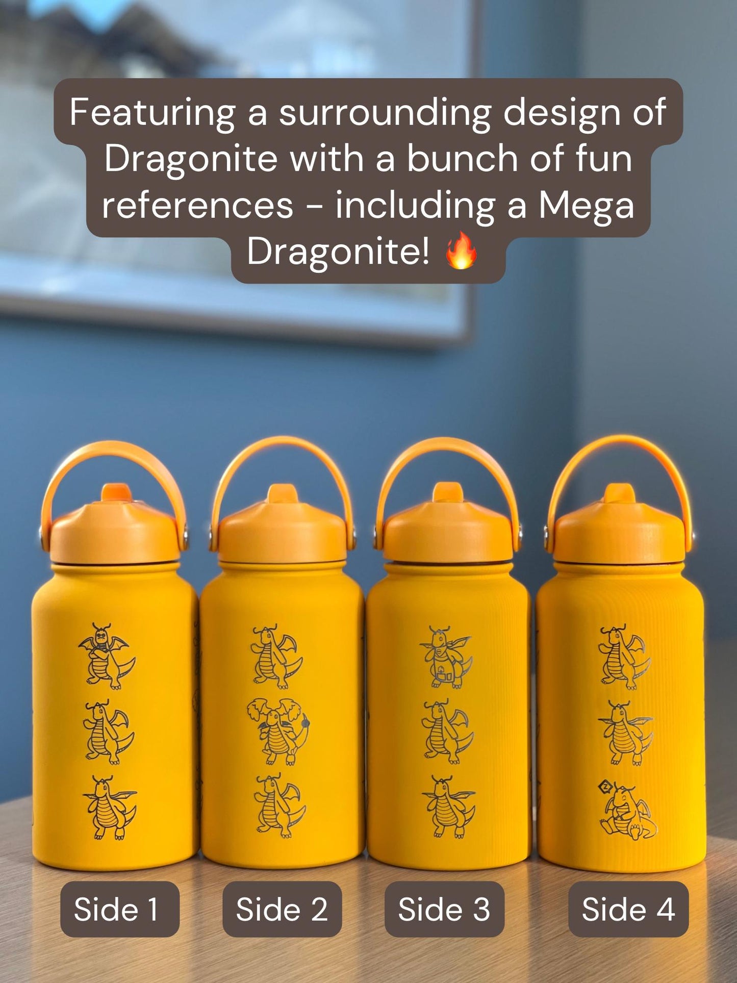 Dragonite Water Bottle with Mega Dragonite, Engraved Coffee Tumbler, Glasses & Unite Gardening Style Costume Waterbottle, Anime Fan Gift