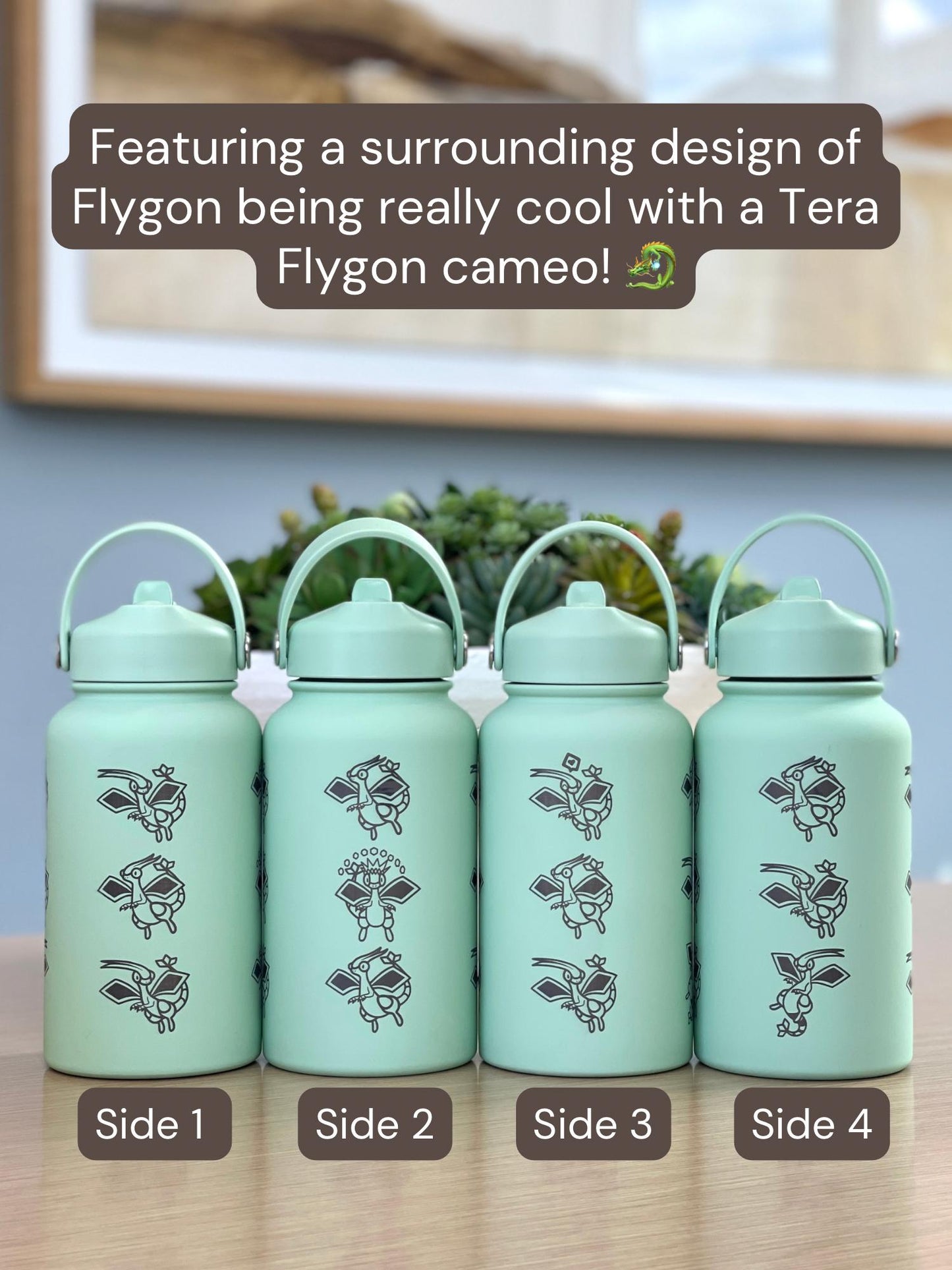 Flygon Water Bottle Engraved Coffee Tumbler with Tera Flygon Ex, Dragon Waterbottle Travel Mug Thermos Flask Gamer Birthday Gift