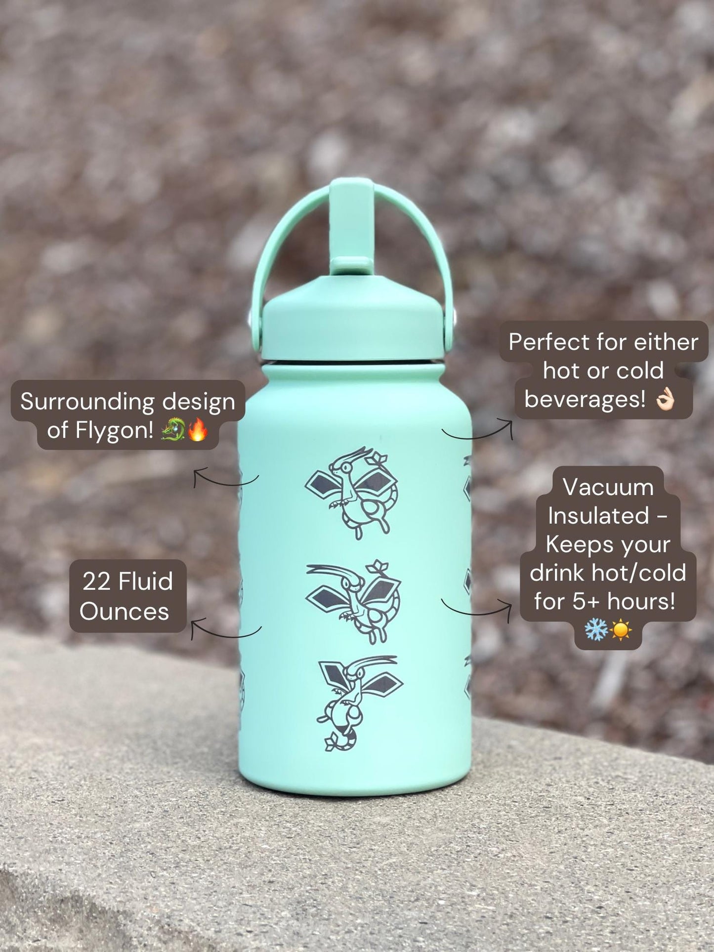 Flygon Water Bottle Engraved Coffee Tumbler with Tera Flygon Ex, Dragon Waterbottle Travel Mug Thermos Flask Gamer Birthday Gift