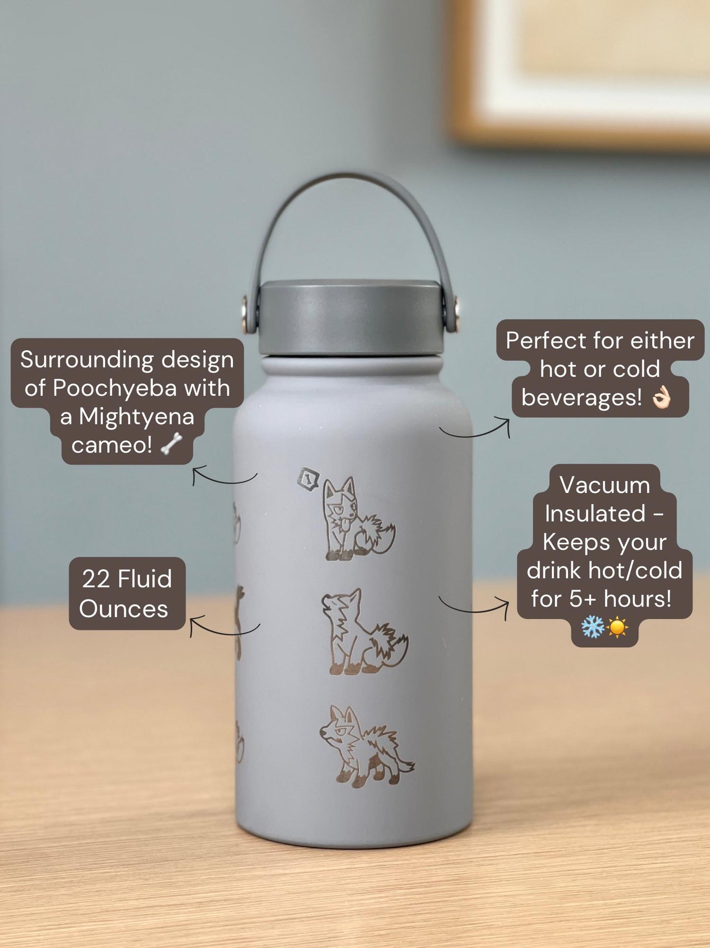 Poochyena Mightyena Water Bottle Engraved Coffee Tumbler, Cute Sleeping Poochyena Dog Waterbottle Travel Mug, Anime Hoenn Fan Birthday Gift