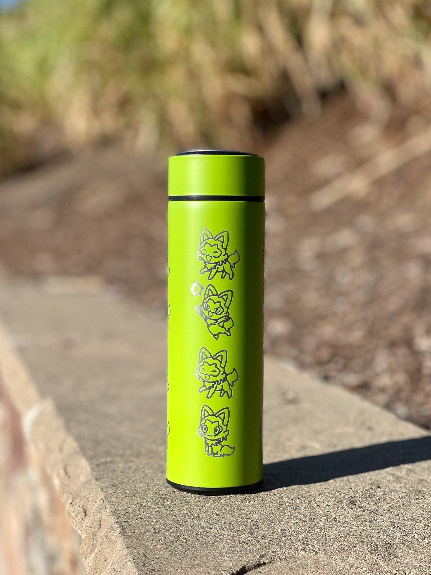 Sprigatito Coffee Tumbler with Tea Infuser, Sleeping Sprigatito, Cute Engraved Waterbottle Paldea Grass Starter Cat, Anime Fan Birthday Gift