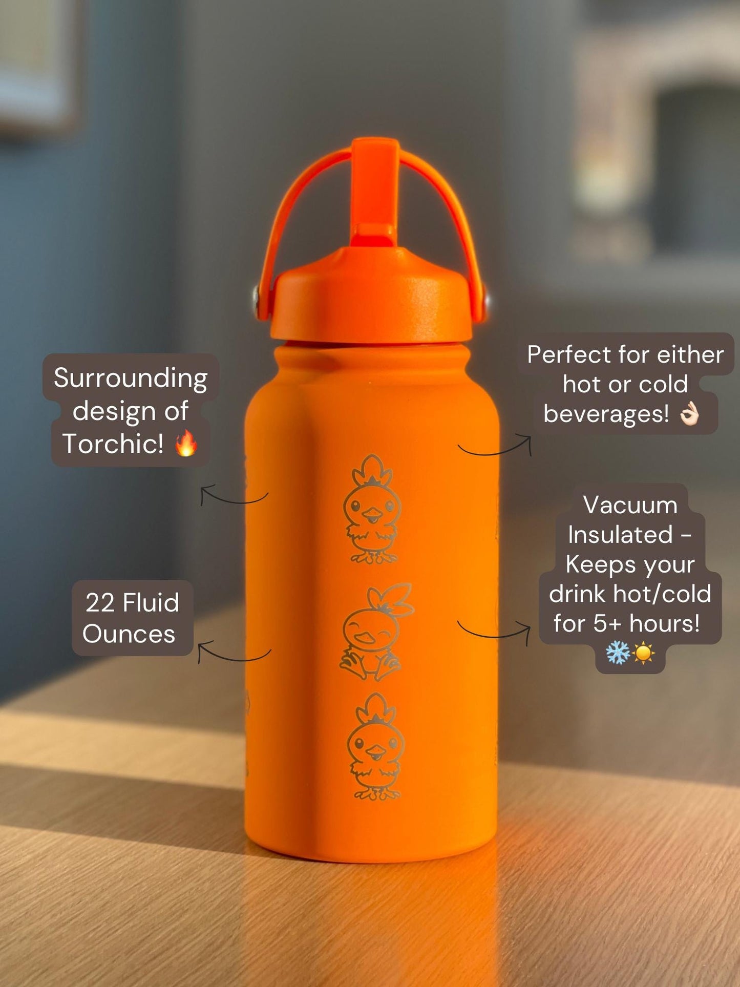 Torchic Water Bottle Engraved Coffee Tumbler with Mystery Dungeon Scarf & Angry Torchic, Waterbottle Travel Mug Anime Fan Birthday Gift