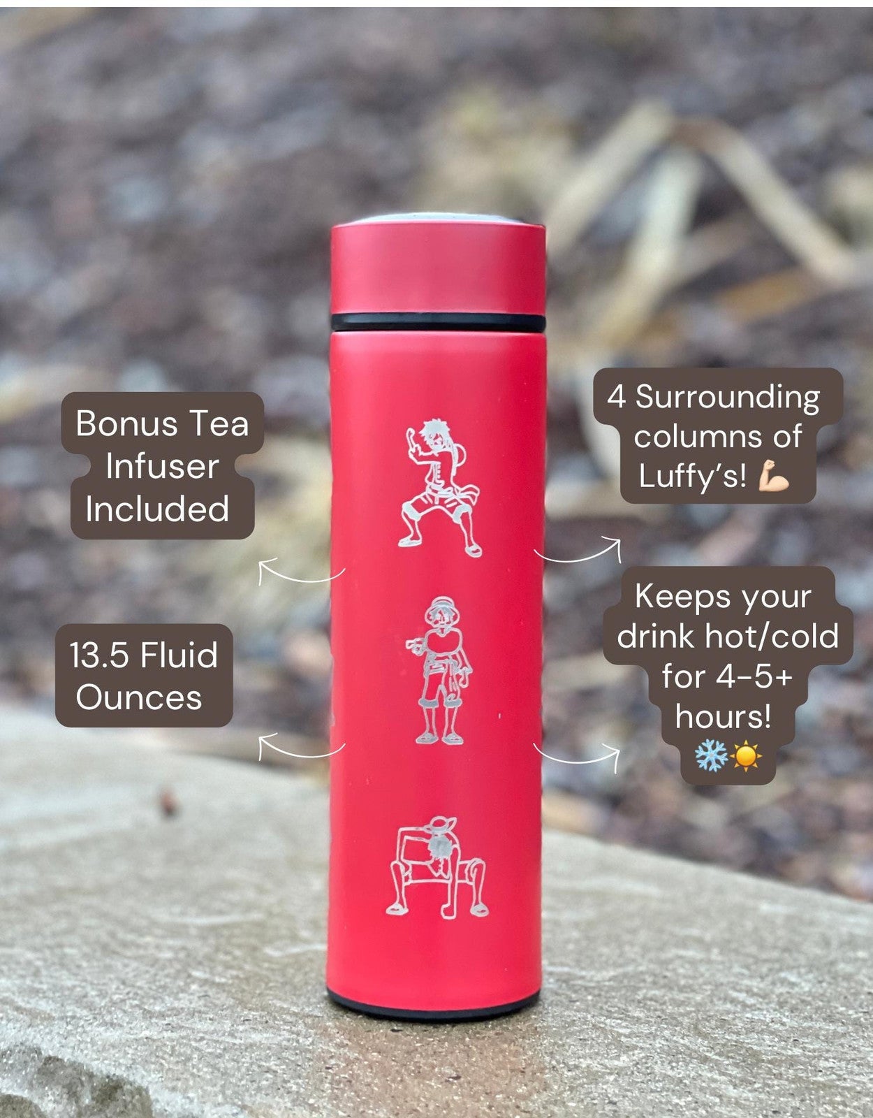 Luffy One Piece Coffee Tumbler with Tea Infuser Water Bottle, Gomu Gomu no Mi