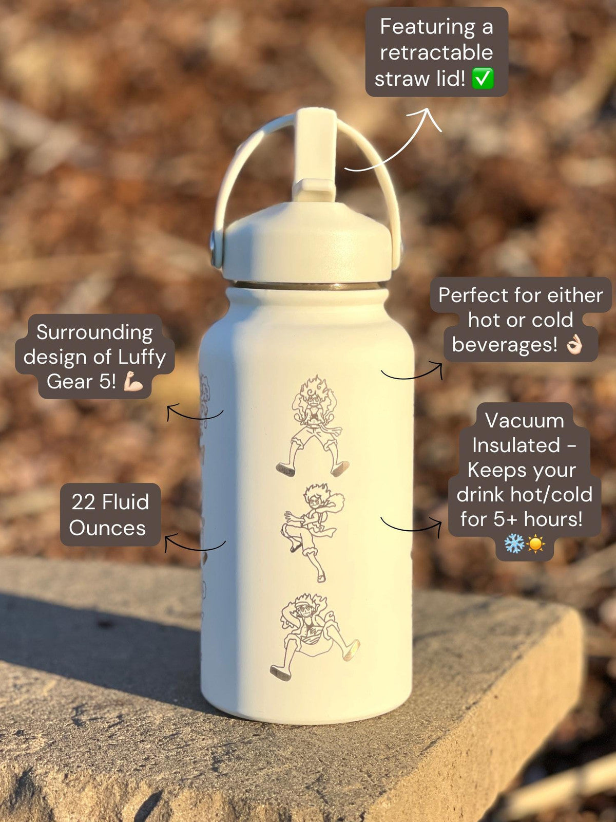 Luffy Gear 5 Water Bottle, One Piece Engraved Coffee Tumbler Waterbottle, Gomu