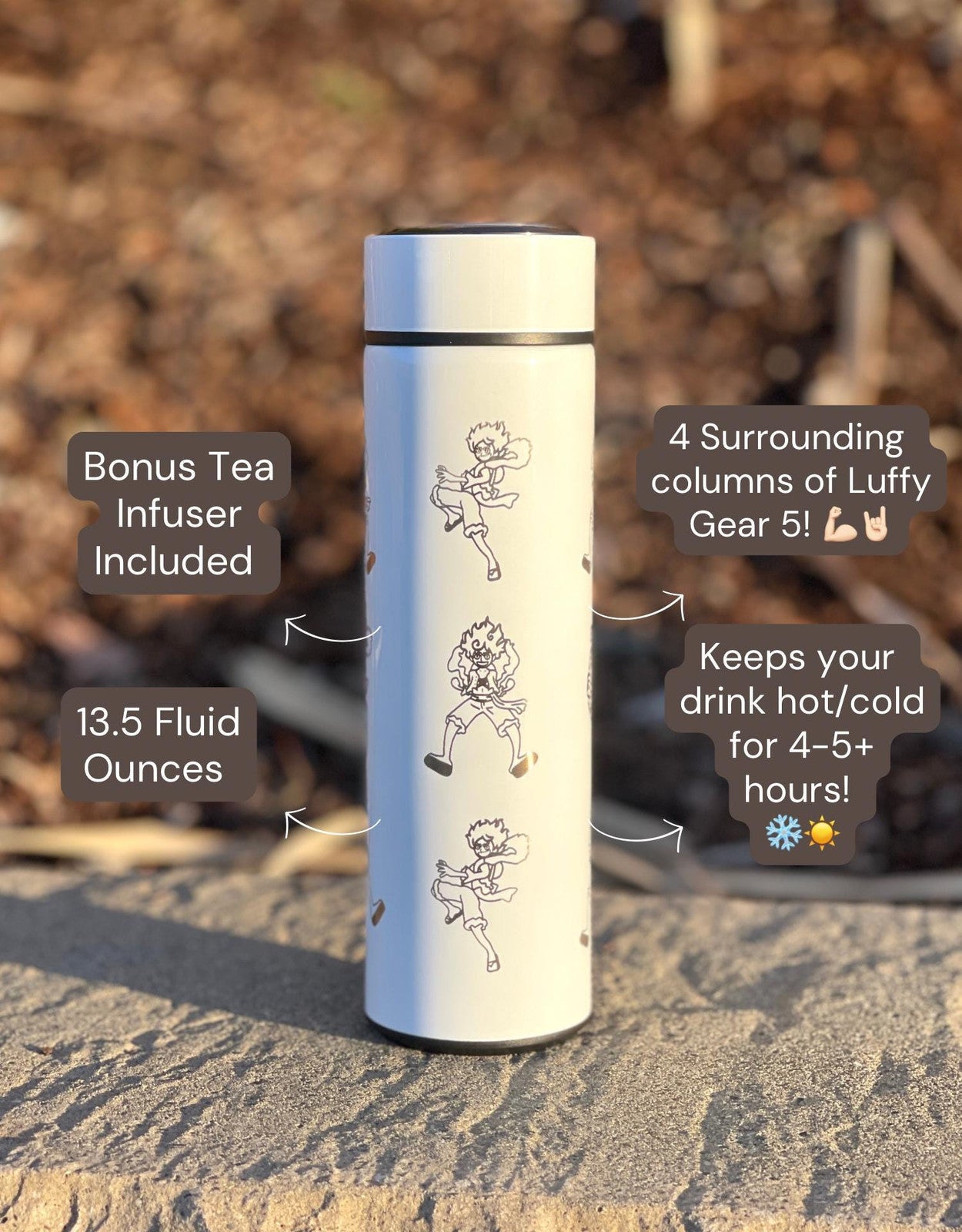 Luffy Gear 5 One Piece Coffee Tumbler with Tea Infuser Water Bottle, Engraved