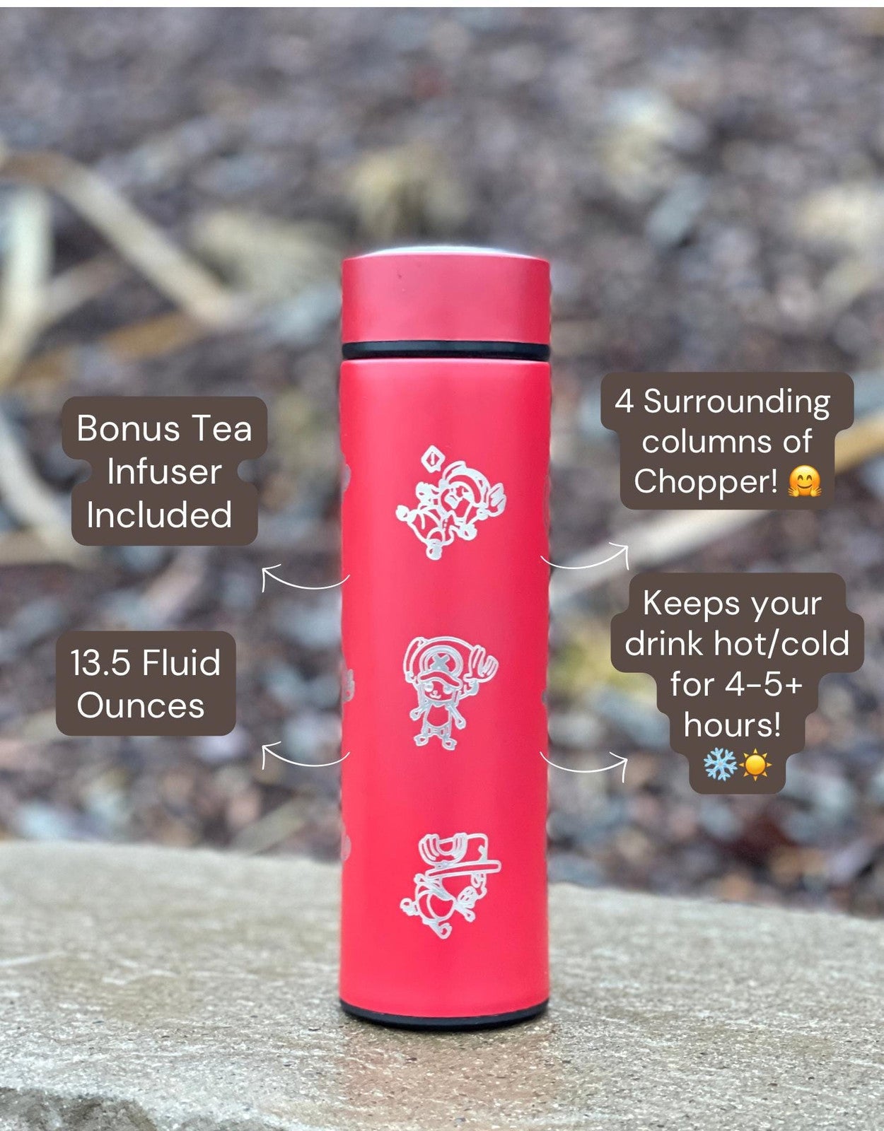 Chopper One Piece Coffee Tumbler with Tea Infuser Engraved Water Bottle, Hito
