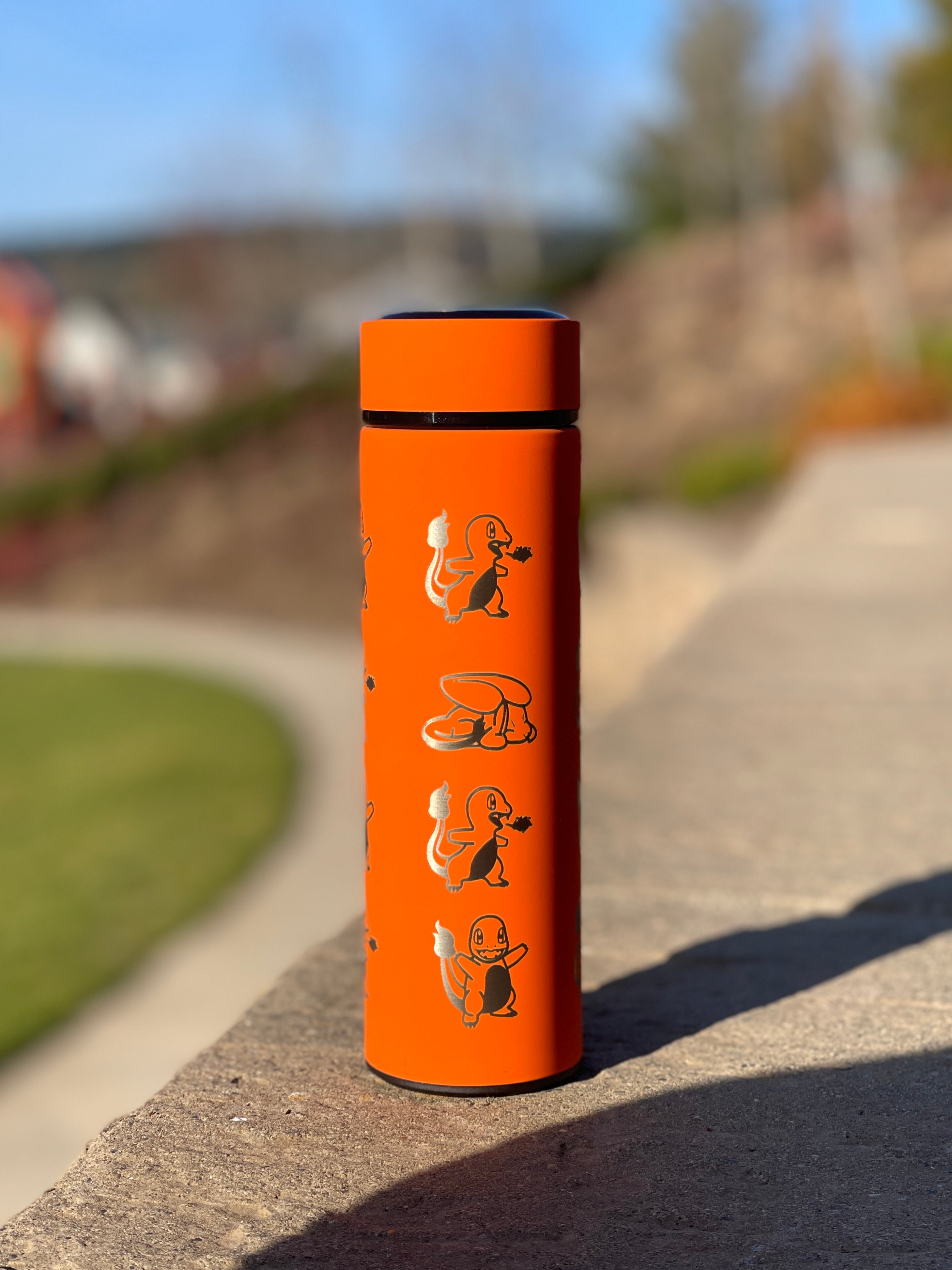 Charmander Coffee Tumbler Tea Infuser with Sleeping Charmander Leaf, Kanto Fire Starter Engraved Waterbottle Travel Mug, Anime Fan Gift