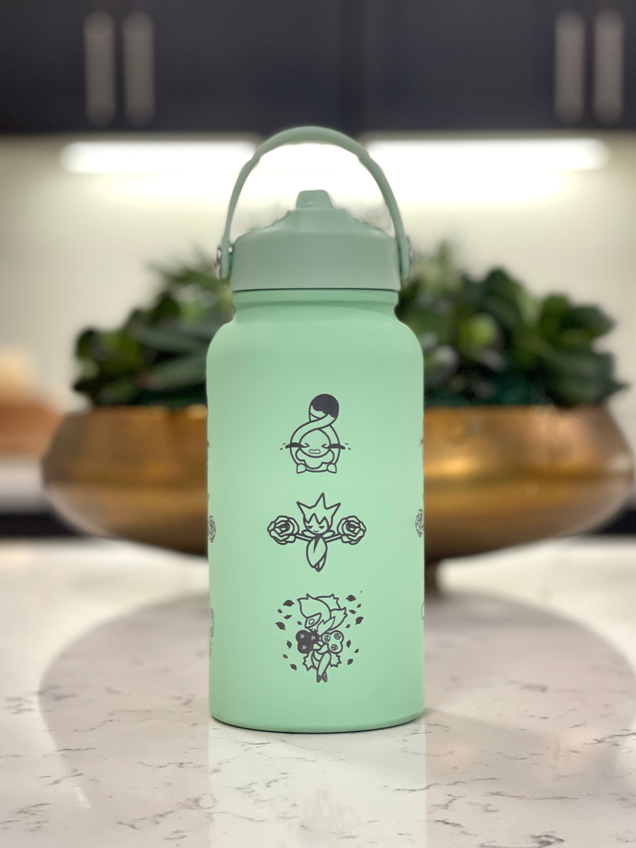 Budew Roselia Roserade Water Bottle Engraved Coffee Tumbler, Budew with Sunglasses, Grass Evolution Trio, Anime Fan Birthday Gift