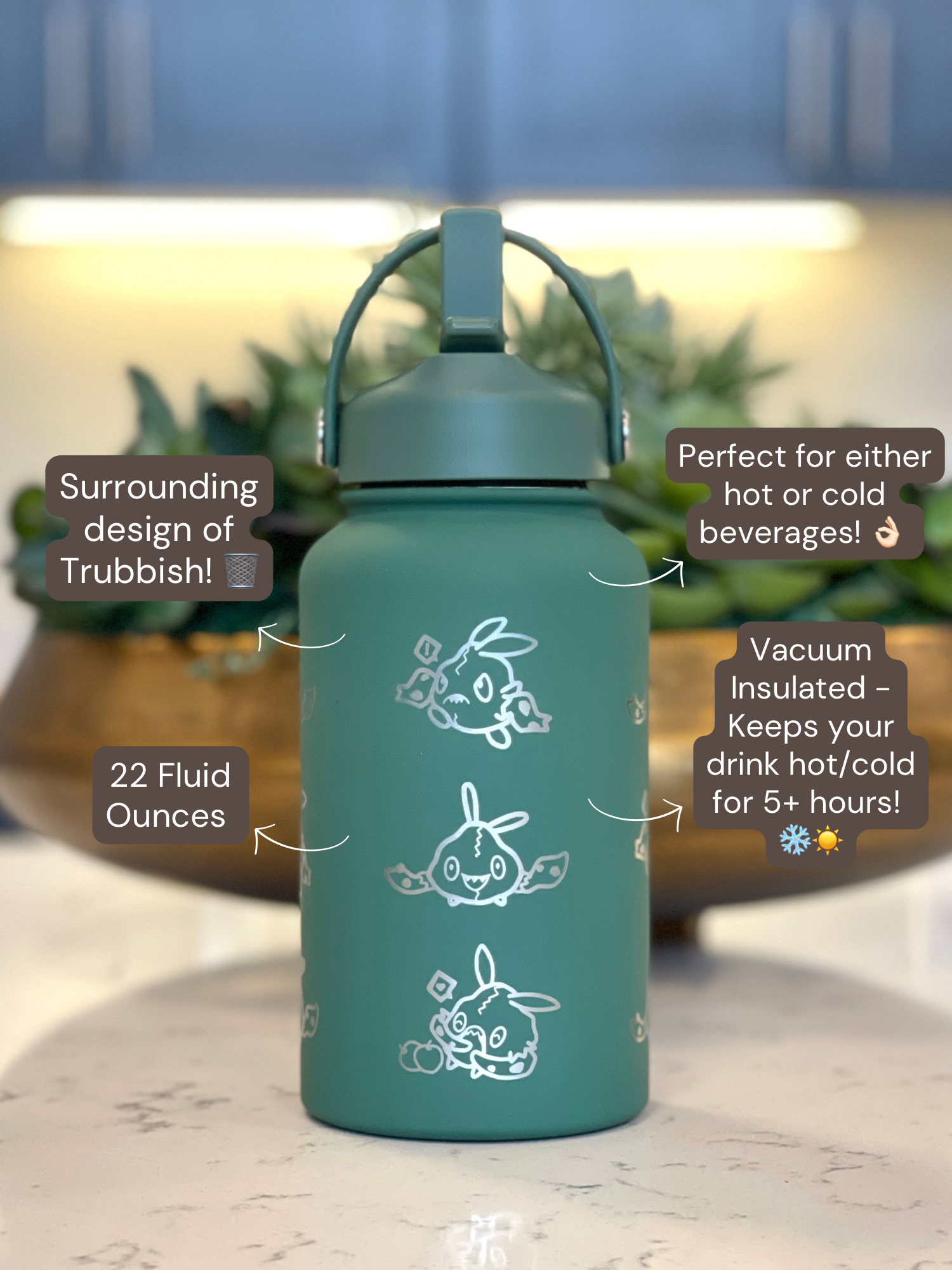 Trubbish Water Bottle Engraved Coffee Tumbler with Trubbish in Trash Can & Eating Berries Waterbottle, Funny Anime Fan Birthday Gift