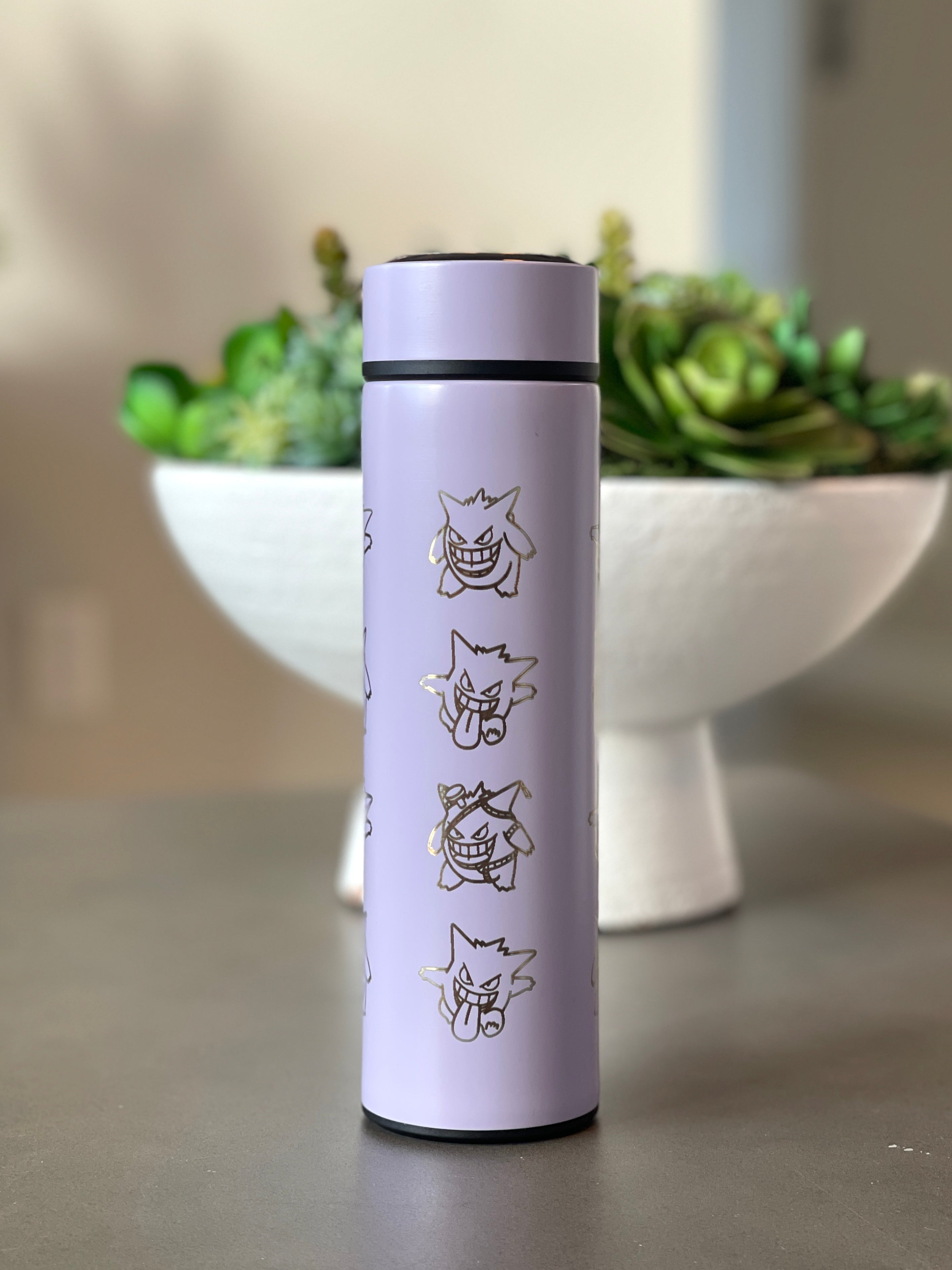 Gengar Coffee Tumbler Tea Infuser with Halloween Witch Hat and Tricks N Treats Cursed Costume Engraved Waterbottle Thermos, Anime Fan Gift