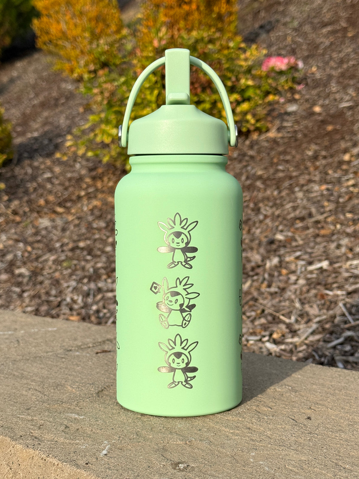 Chespin Water Bottle Engraved Coffee Tumbler with Sleeping Chespin Waterbottle, Kalos Grass Starter Thermos Anime Fan Birthday Gift