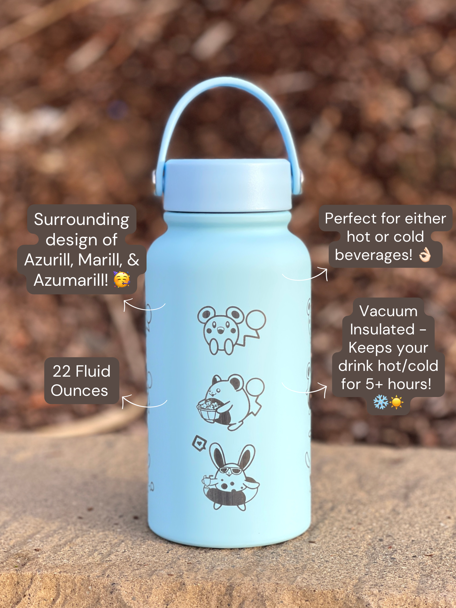 Azurill Marill Azumarill Water Bottle Engraved Waterbottle, Marill Evolution Line Coffee Tumbler Thermos Travel Mug, Gamer Anniversary Gift