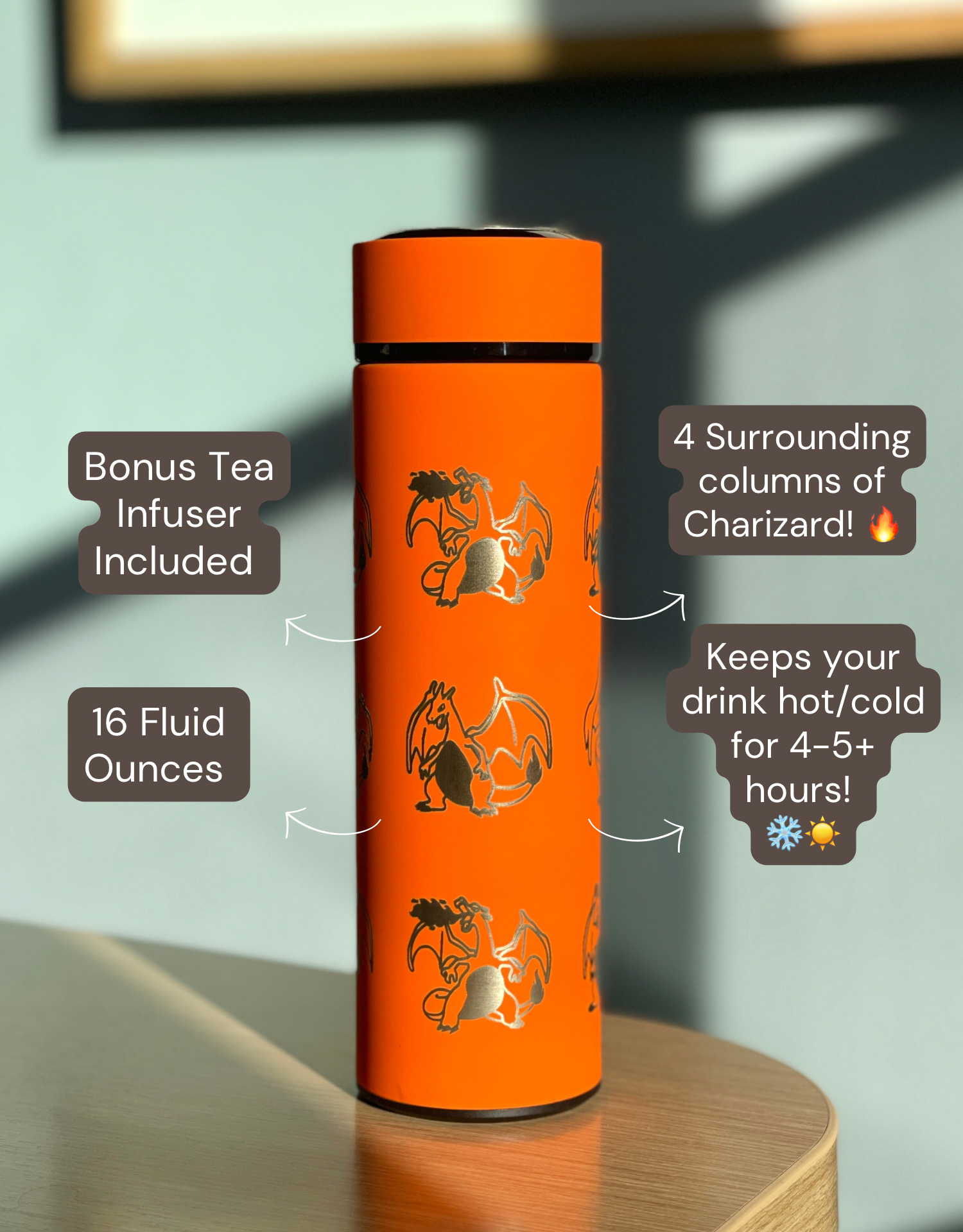 Charizard Coffee Tumbler Tea Infuser with Mega Charizard Y, Kanto Fire Starter Engraved Water Bottle Travel Mug Flask, Gamer Gift