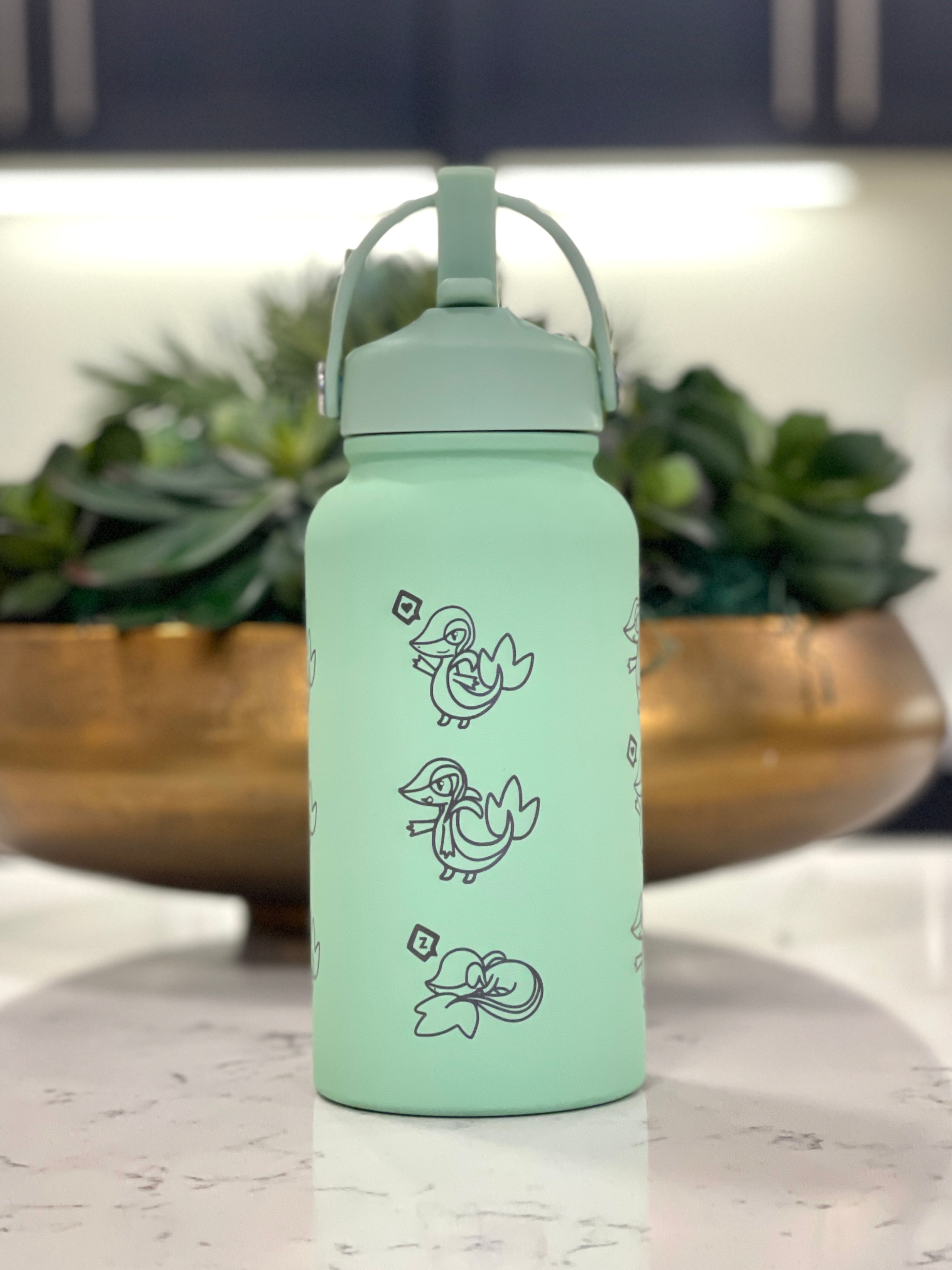 Snivy Water Bottle Engraved Waterbottle with Sleeping Snivy, Grass Unova Starter Coffee Tumbler Thermos, Gamer Anniversary Gift