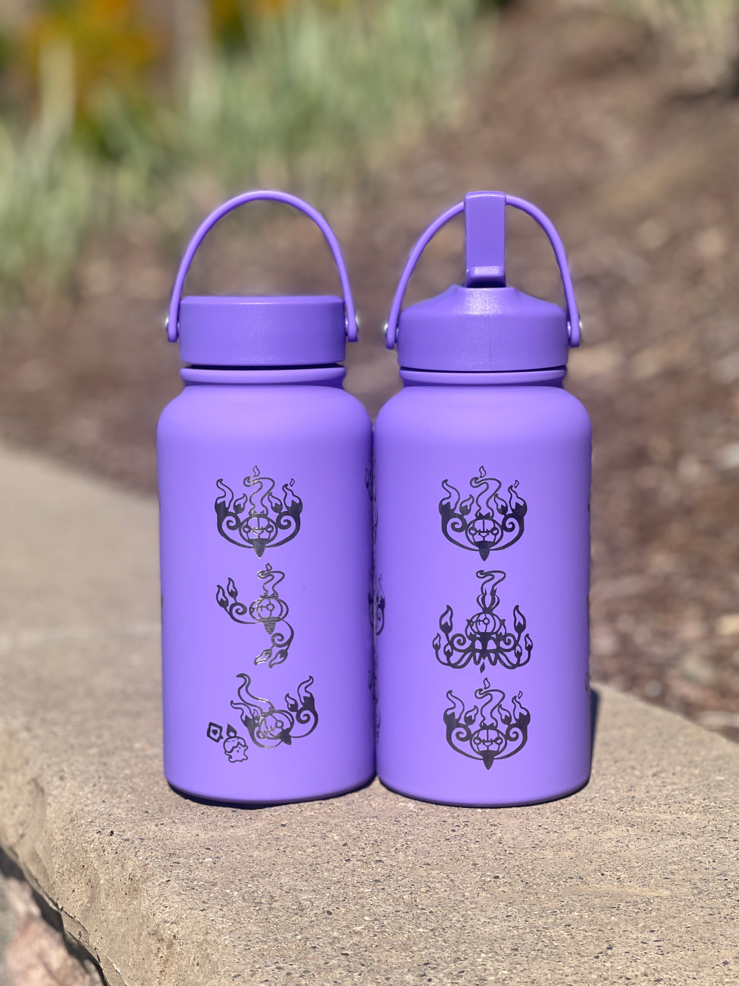 Chandelure Water Bottle Engraved Waterbottle with Mega Chandelure & Litwick, Ghost Chandalier Coffee Tumbler Thermos Flask, Gamer Anniversary Gift