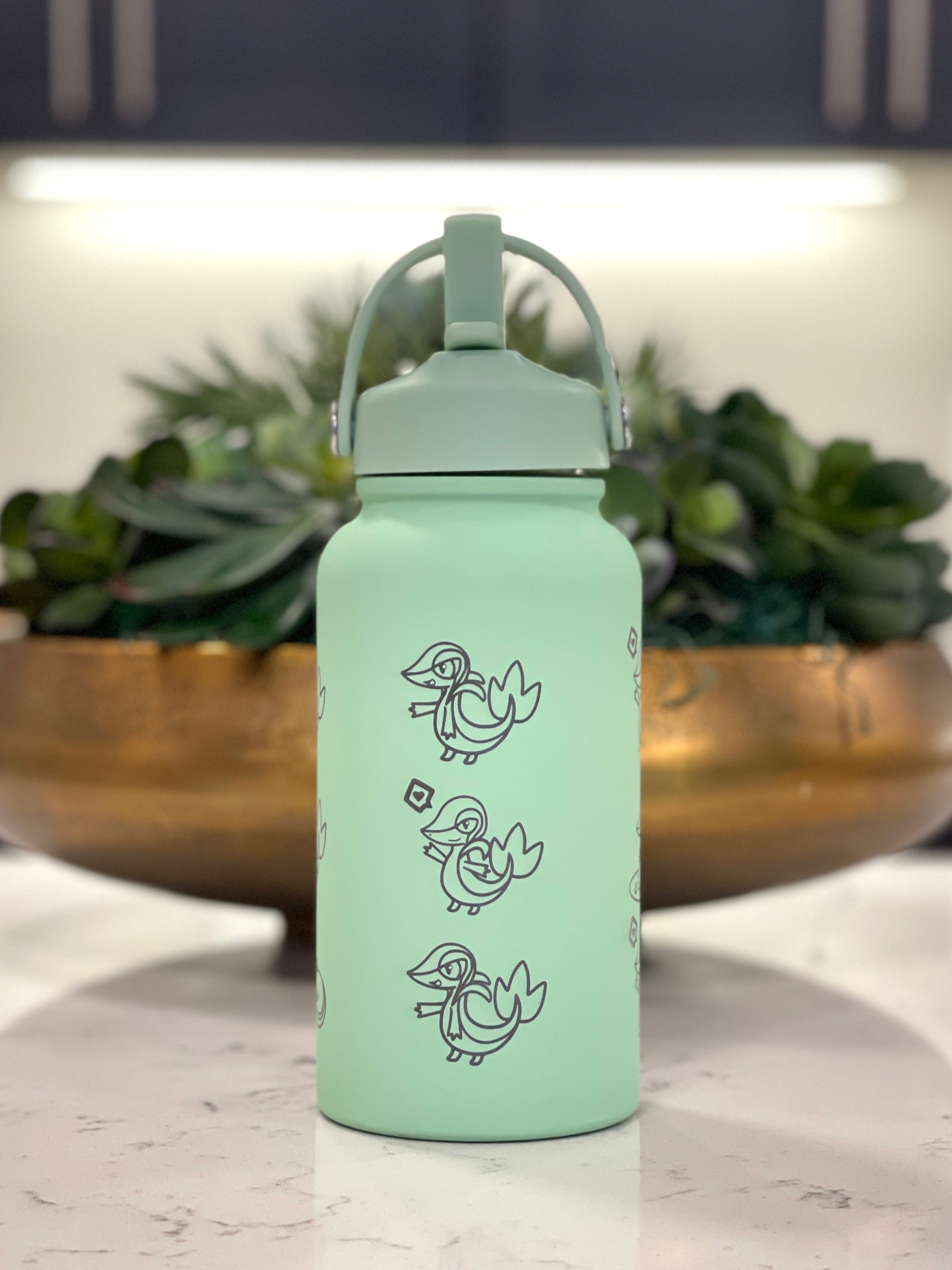 Snivy Water Bottle Engraved Waterbottle with Sleeping Snivy, Grass Unova Starter Coffee Tumbler Thermos, Gamer Anniversary Gift