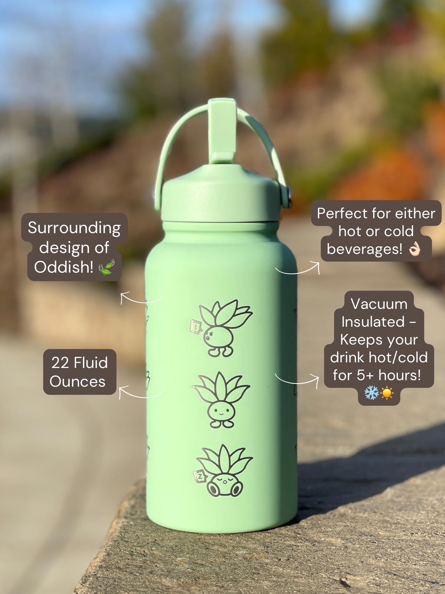 Oddish Water Bottle Engraved Coffee Tumbler, Oddish with Guitar Waterbottle, Funny Cute Anime Fan Birthday Gift