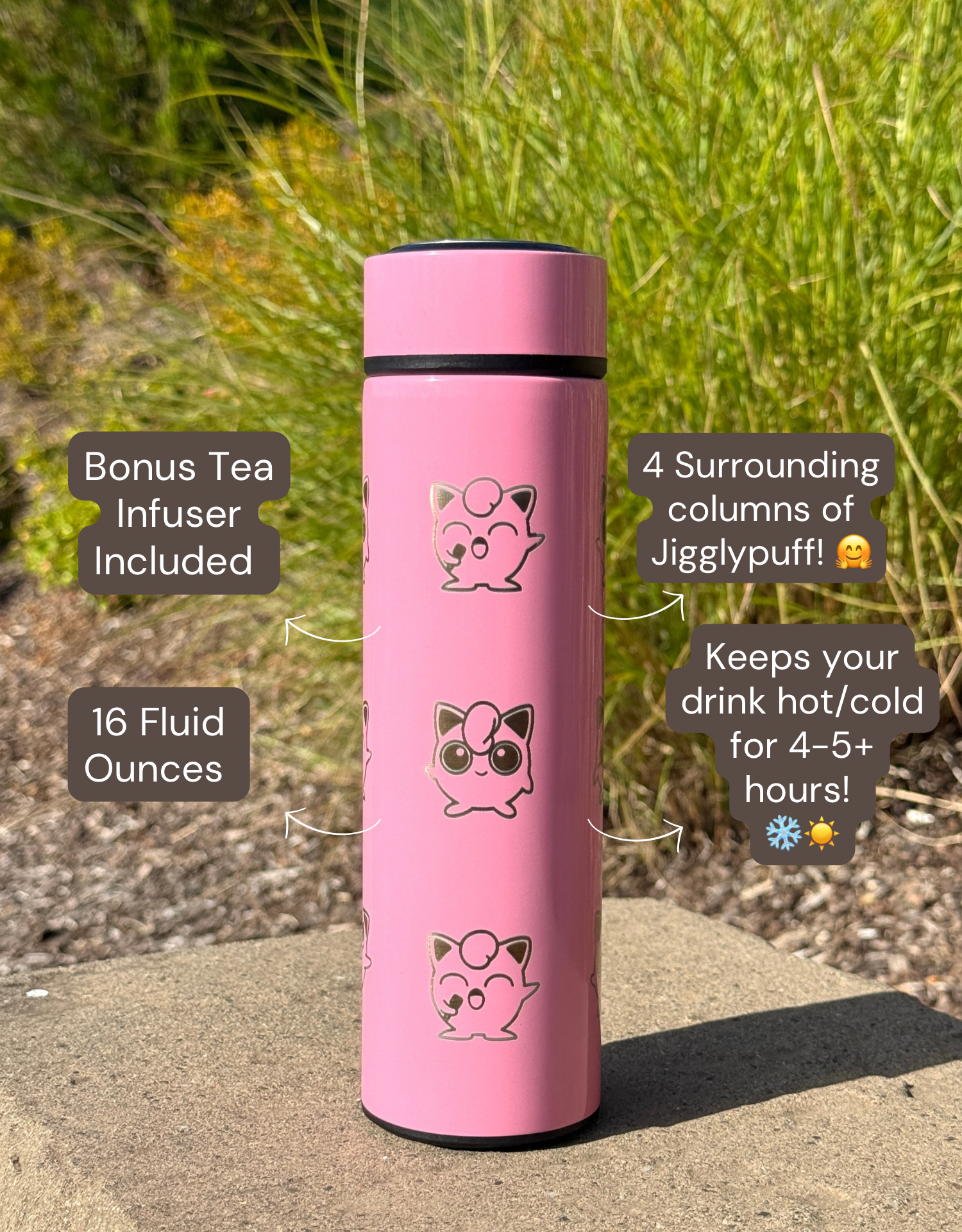 Jigglypuff Coffee Tumbler Tea Infuser with Singing & Angry Jigglypuff with Marker Water Bottle Travel Mug, Anime Fan Gifti