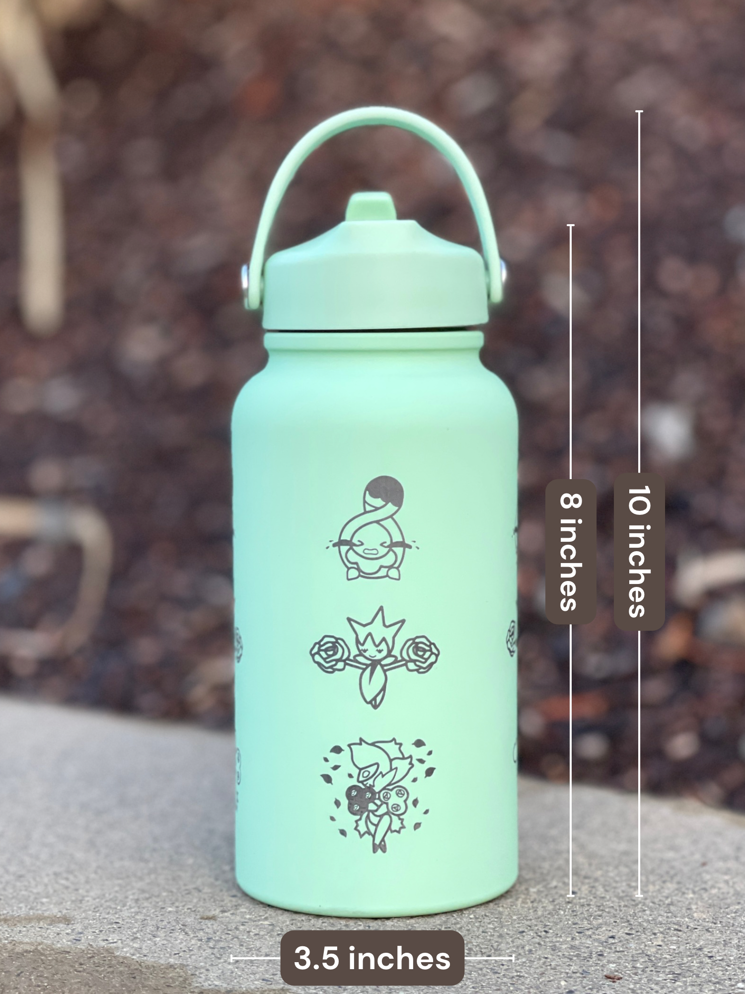 Budew Roselia Roserade Water Bottle Engraved Coffee Tumbler, Budew with Sunglasses, Grass Evolution Trio, Anime Fan Birthday Gift