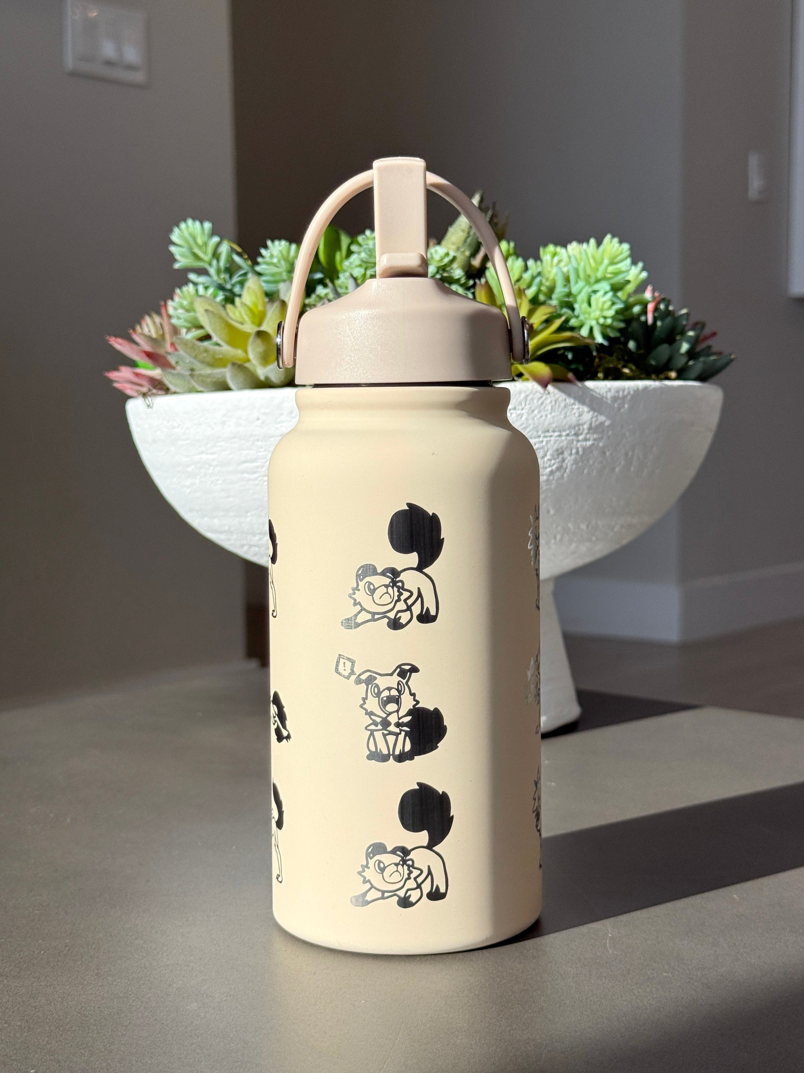 Rockruff Lyanroc Water Bottle Engraved Waterbottle, Lyanroc Midday Dusk & Midnight Form Coffee Tumbler Thermos Flask, Gamer Anniversary Gift