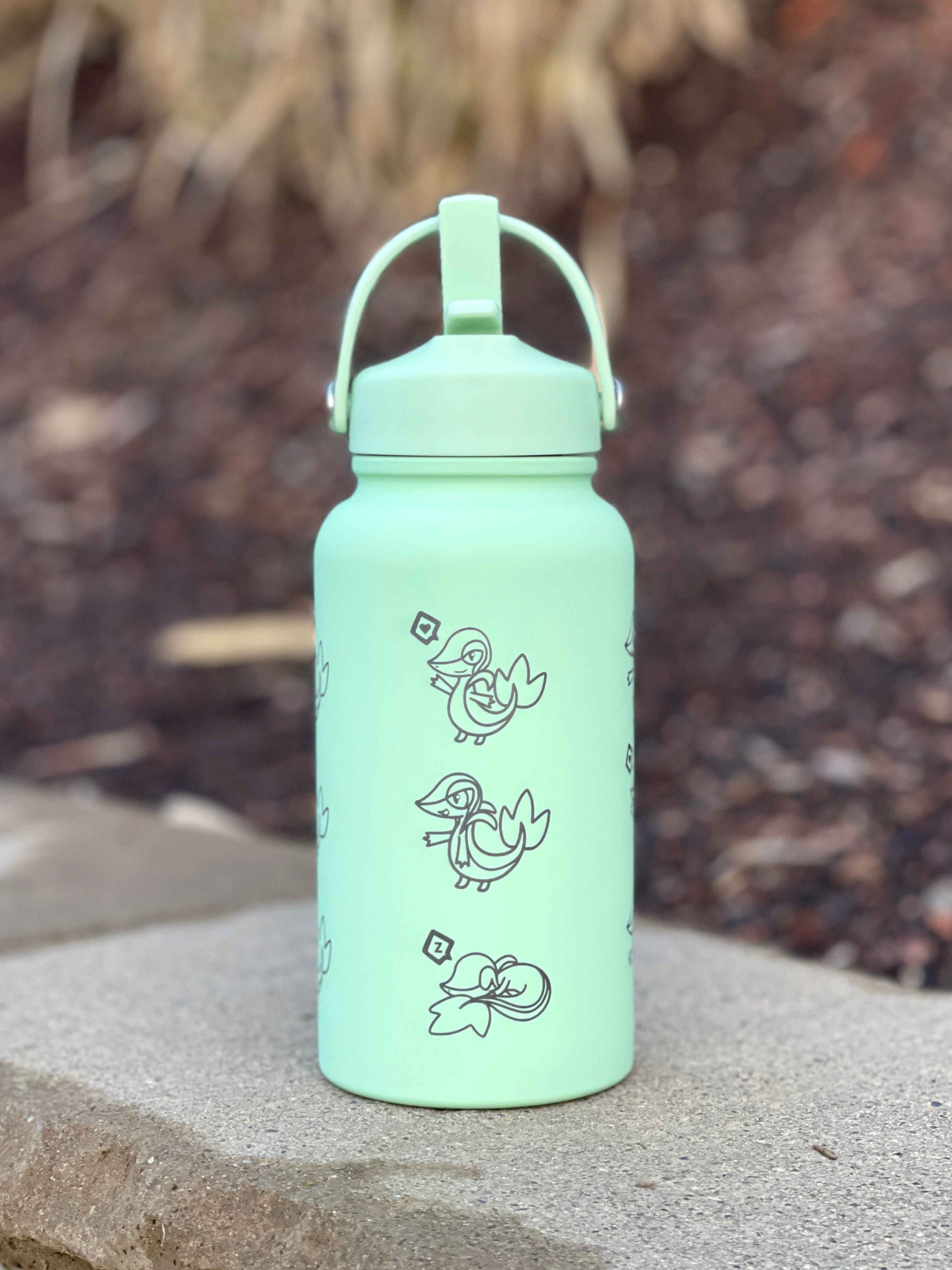 Snivy Water Bottle Engraved Waterbottle with Sleeping Snivy, Grass Unova Starter Coffee Tumbler Thermos, Gamer Anniversary Gift