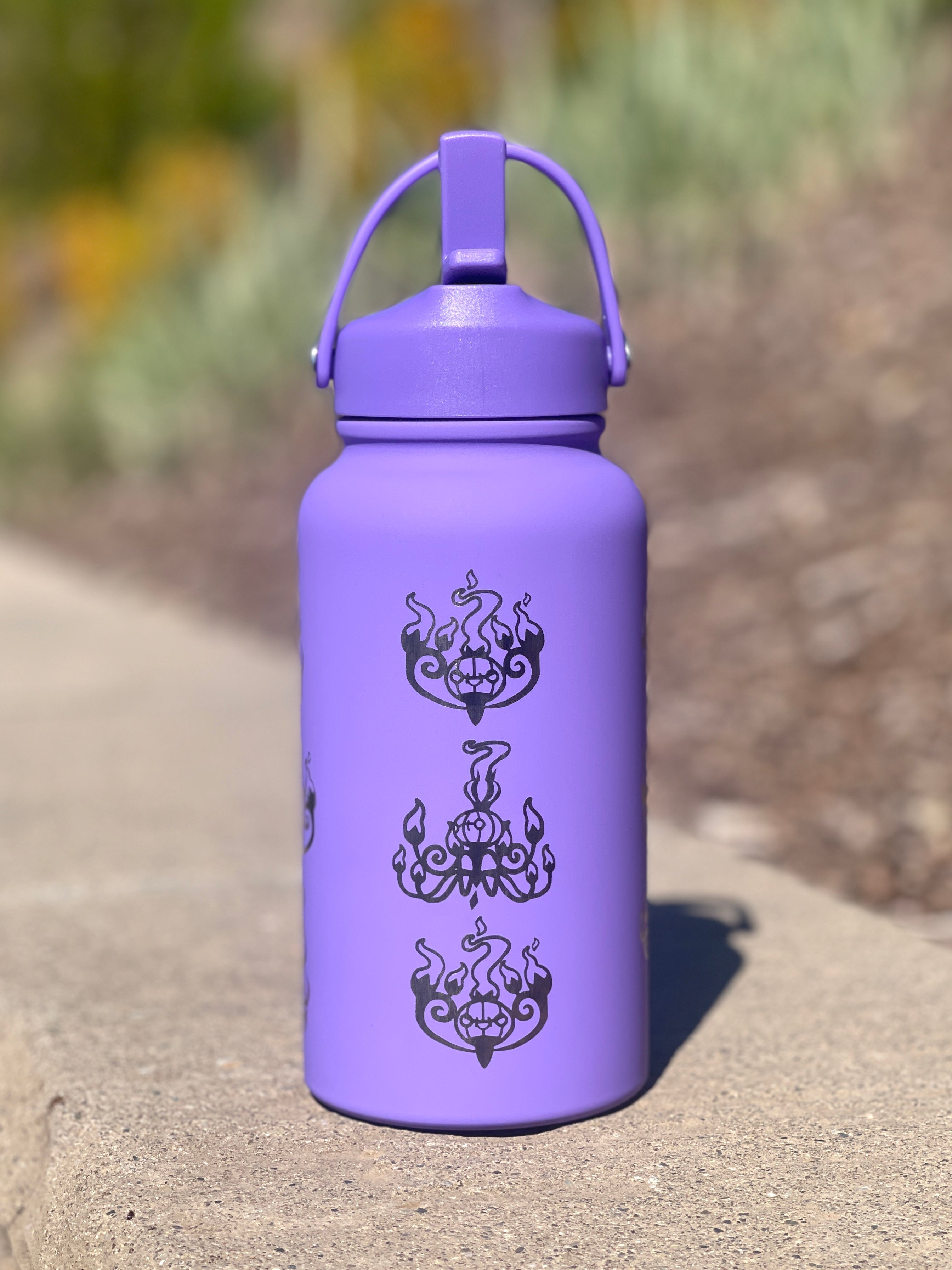 Chandelure Water Bottle Engraved Waterbottle with Mega Chandelure & Litwick, Ghost Chandalier Coffee Tumbler Thermos Flask, Gamer Anniversary Gift