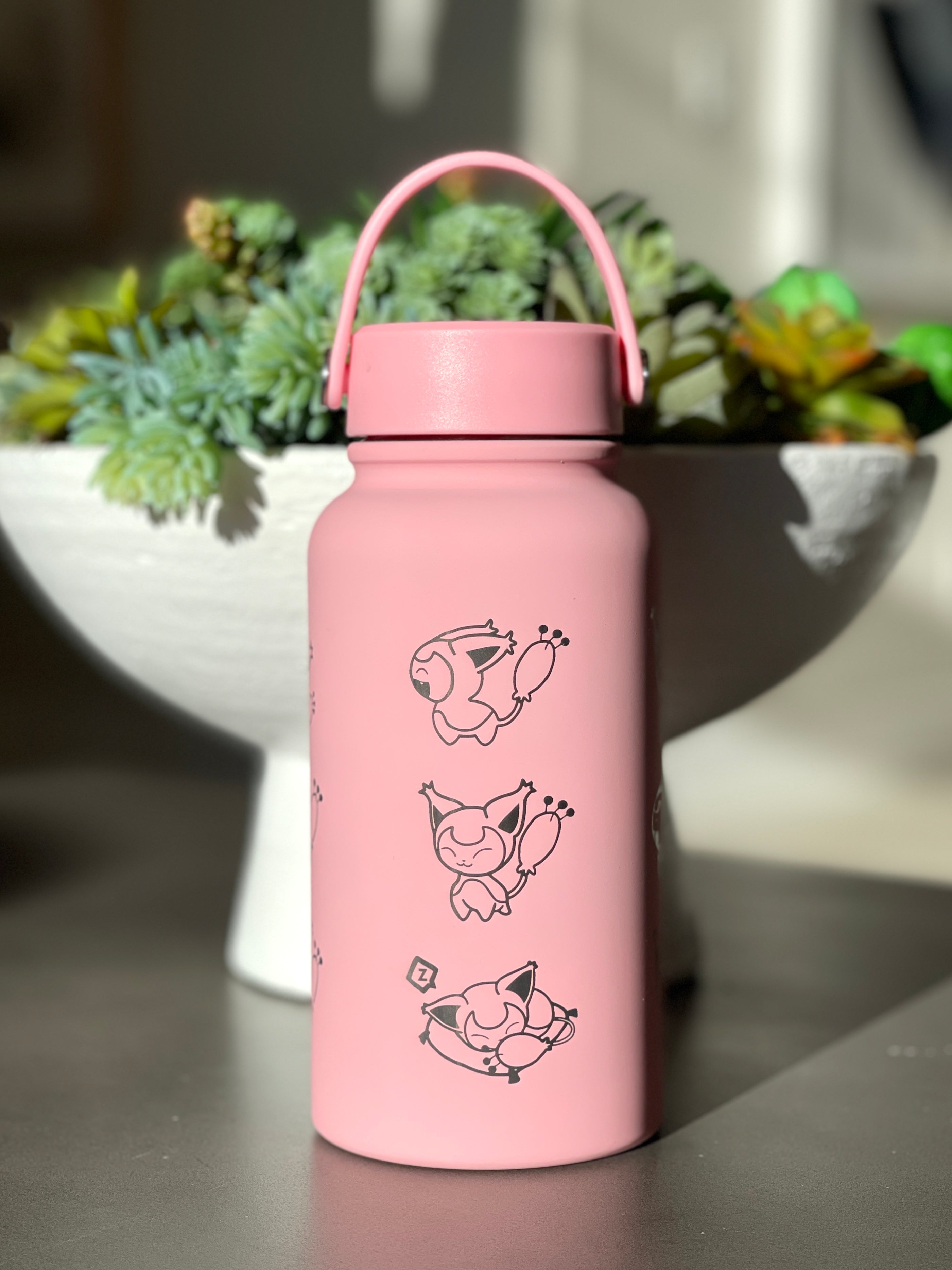 Skitty Water Bottle Engraved Waterbottle with Knitting & Sleeping Skitty, Cute Cat Coffee Tumbler Thermos Flask, Anime Anniversary Gift