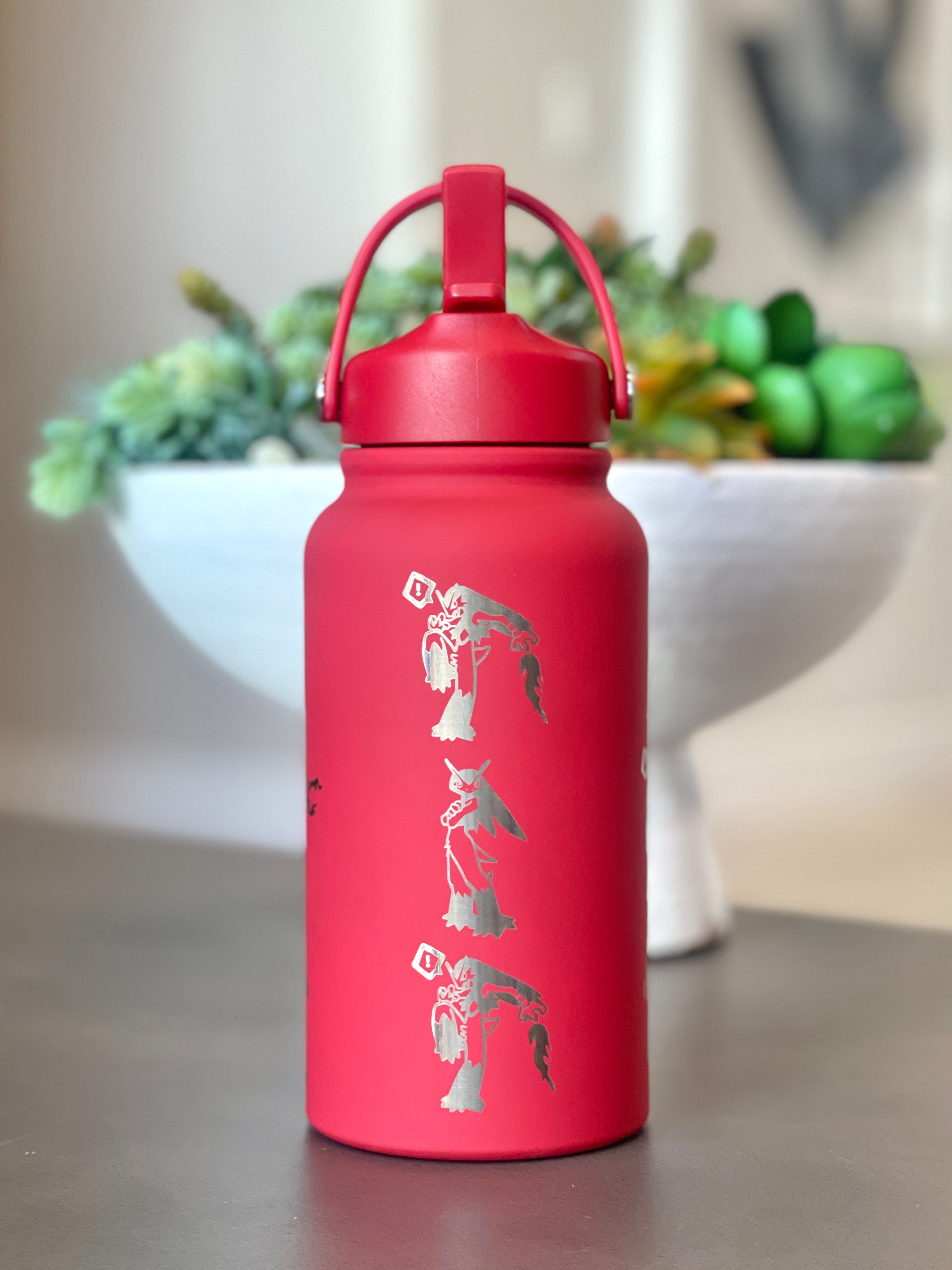Blaziken Water Bottle Engraved Waterbottle with Mega Blaziken, Hoenn Starter Coffee Tumbler Thermos Flask, Gamer Anniversary Gift