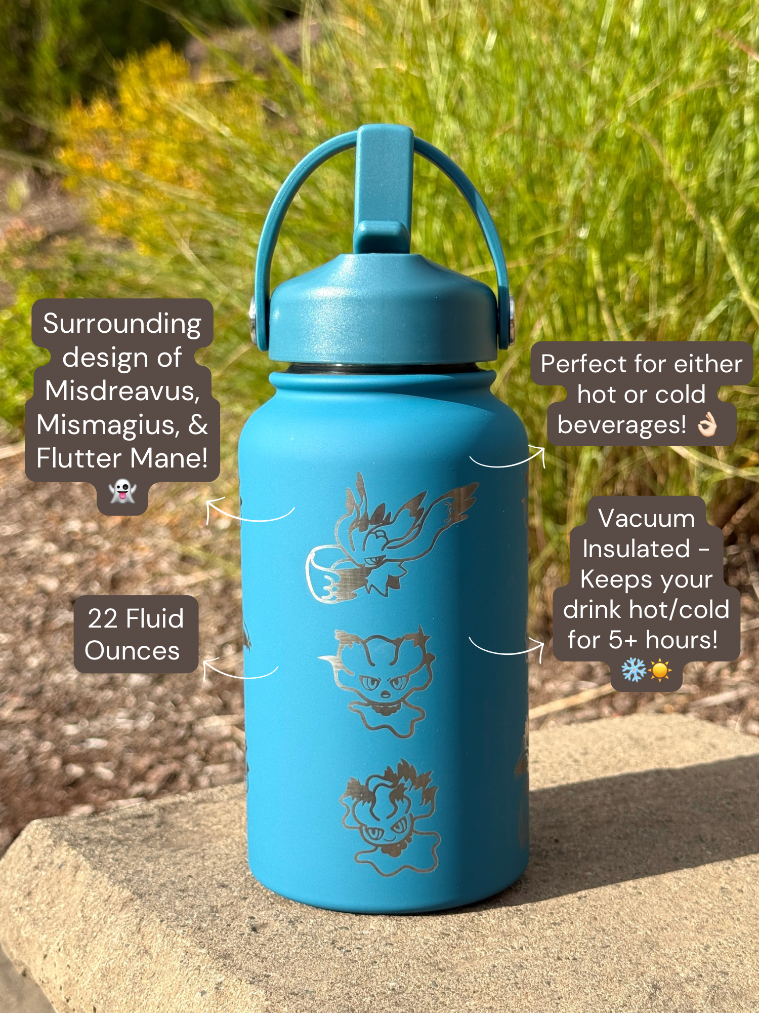 Misdreavus Water Bottle Engraved Coffee Tumbler with Misdreavus & Flutter Mane Waterbottle, Ghost Thermos Anime Fan Birthday Gift
