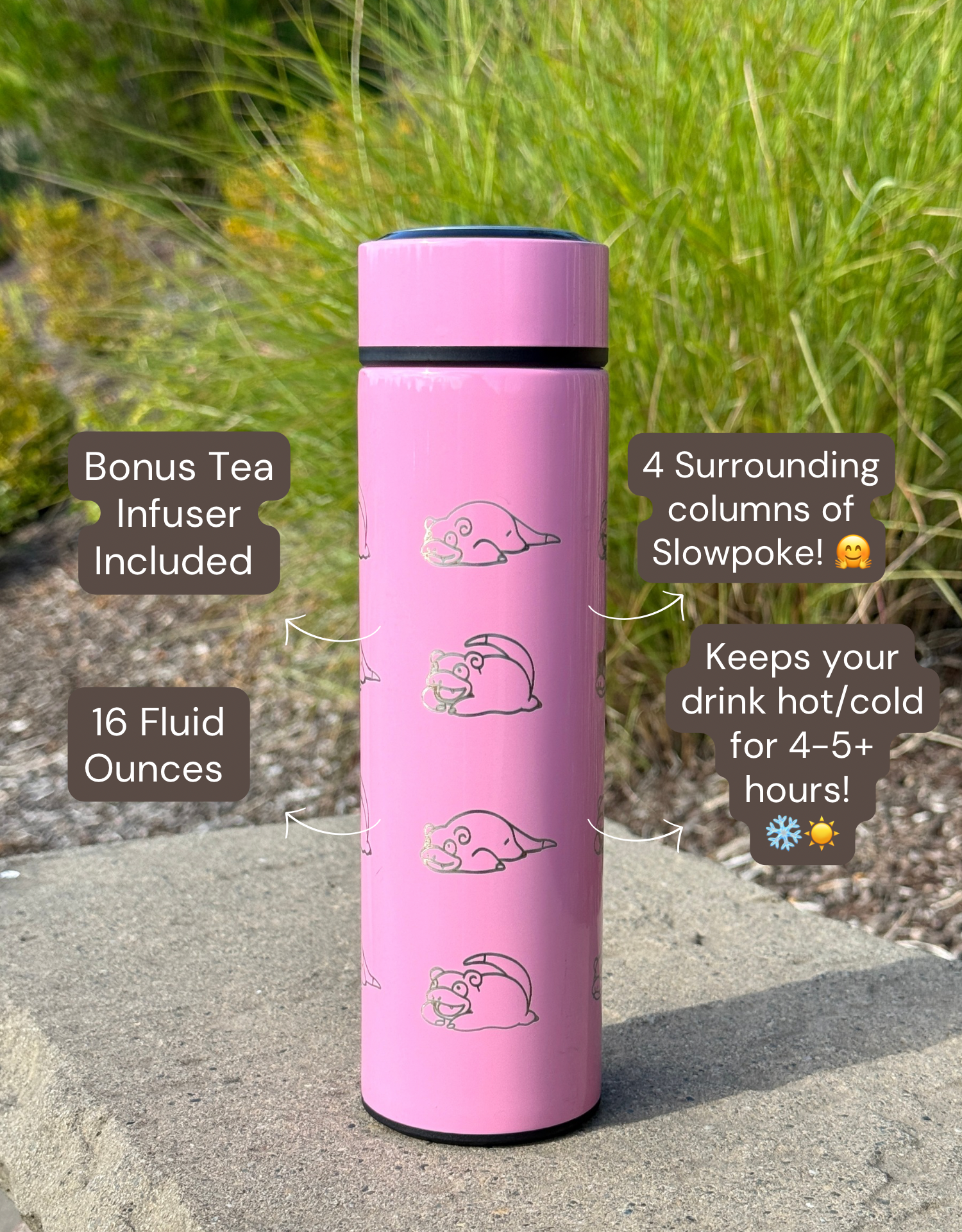 Slowpoke Coffee Tumbler Tea Infuser with Galarian Slowpoke and Detective Hat Water Bottle Travel Mug, Anime Fan Gift