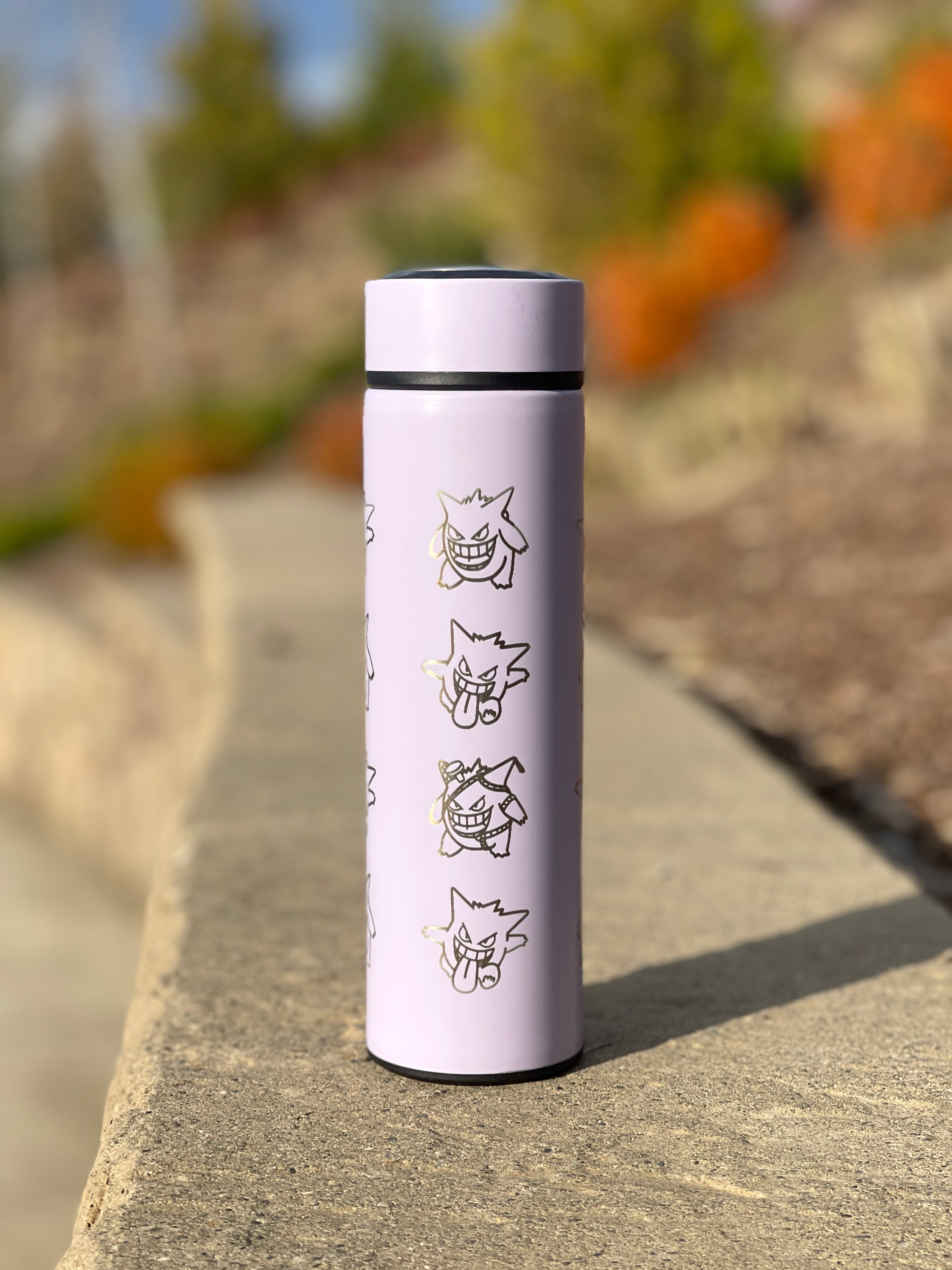 Gengar Coffee Tumbler Tea Infuser with Halloween Witch Hat and Tricks N Treats Cursed Costume Engraved Waterbottle Thermos, Anime Fan Gift
