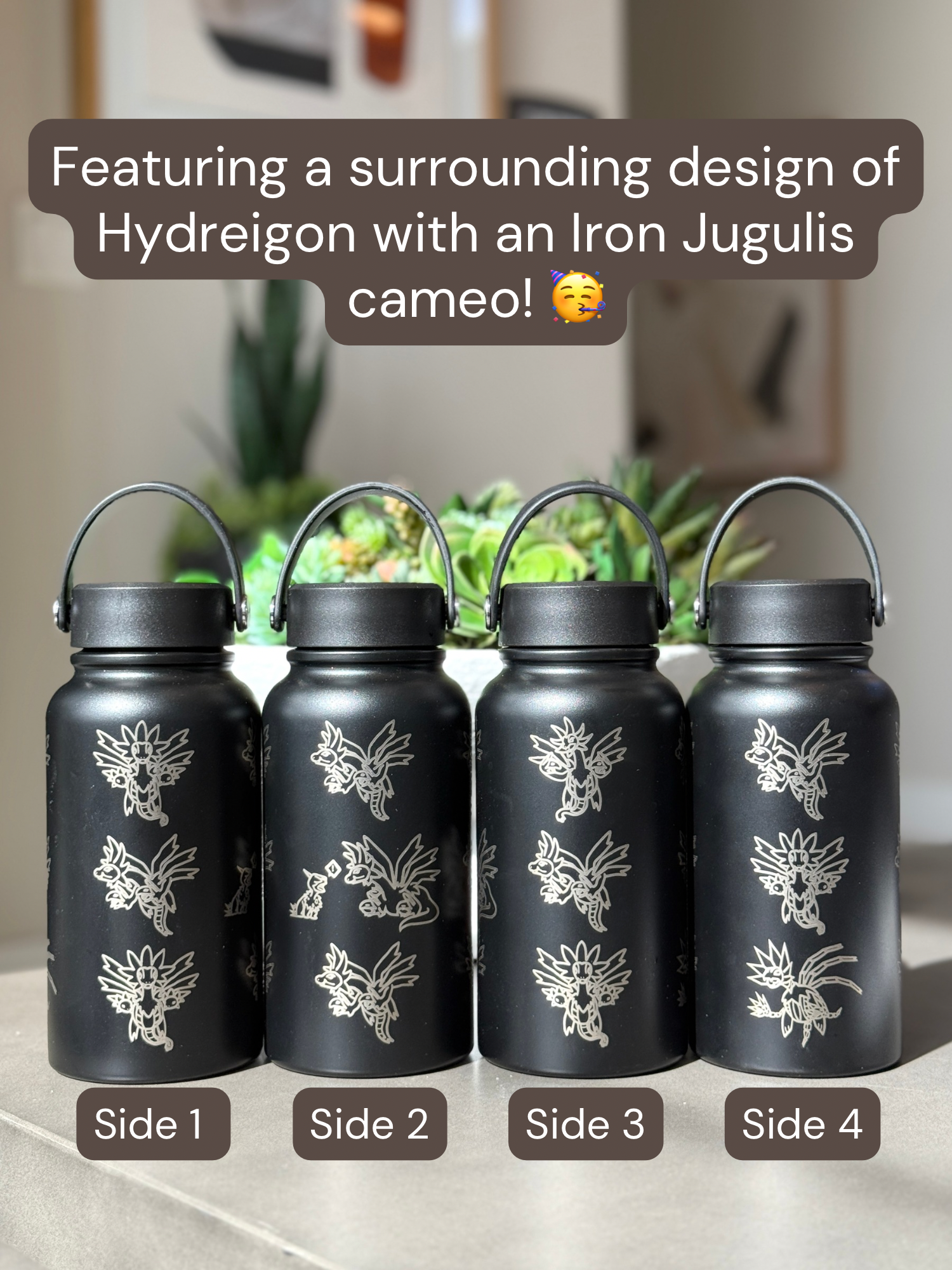 Hydreigon Water Bottle Engraved Waterbottle with Iron Jugulis & Deino Coffee Tumbler Thermos Flask, Dragon Gamer Anniversary Gift