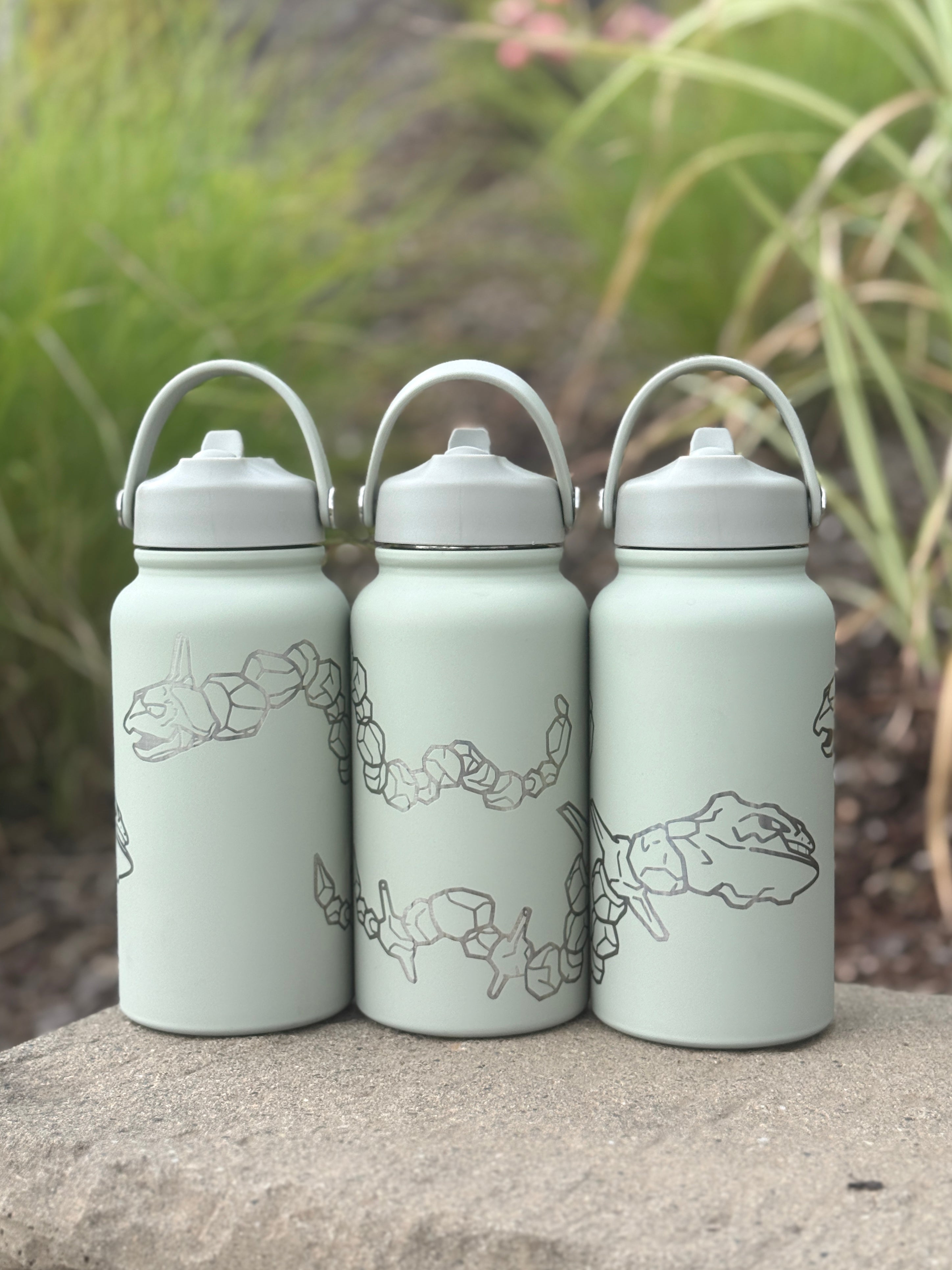 Onix Steelix Water Bottle Engraved Coffee Tumbler Surrounding Design Waterbottle, Rock Steel Thermos Anime Fan Birthday Gift