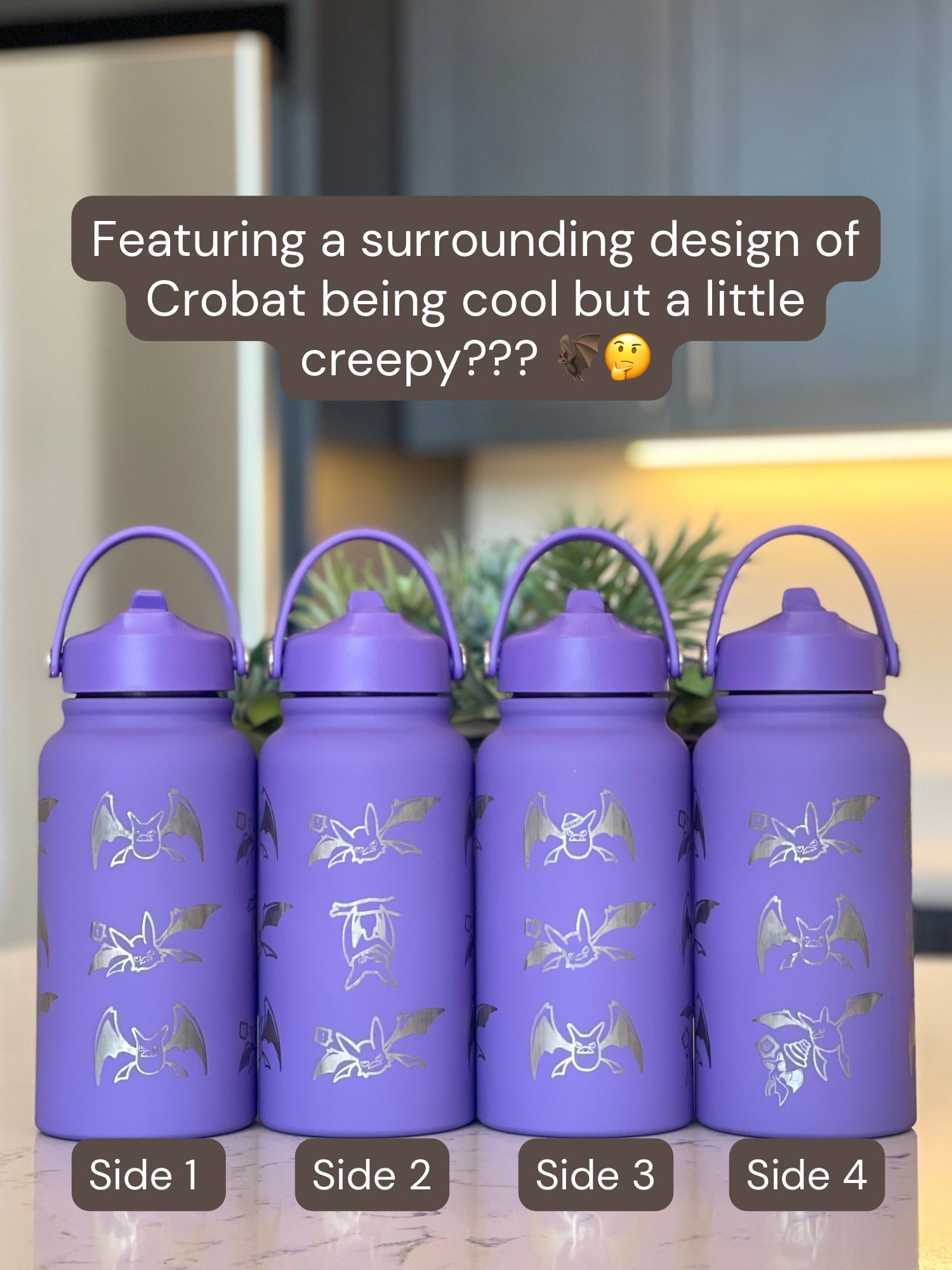 Crobat Water Bottle Engraved Waterbottle, Bat Crobat with Beanie Coffee Tumbler Thermos Travel Mug, Gamer Anniversary Gift