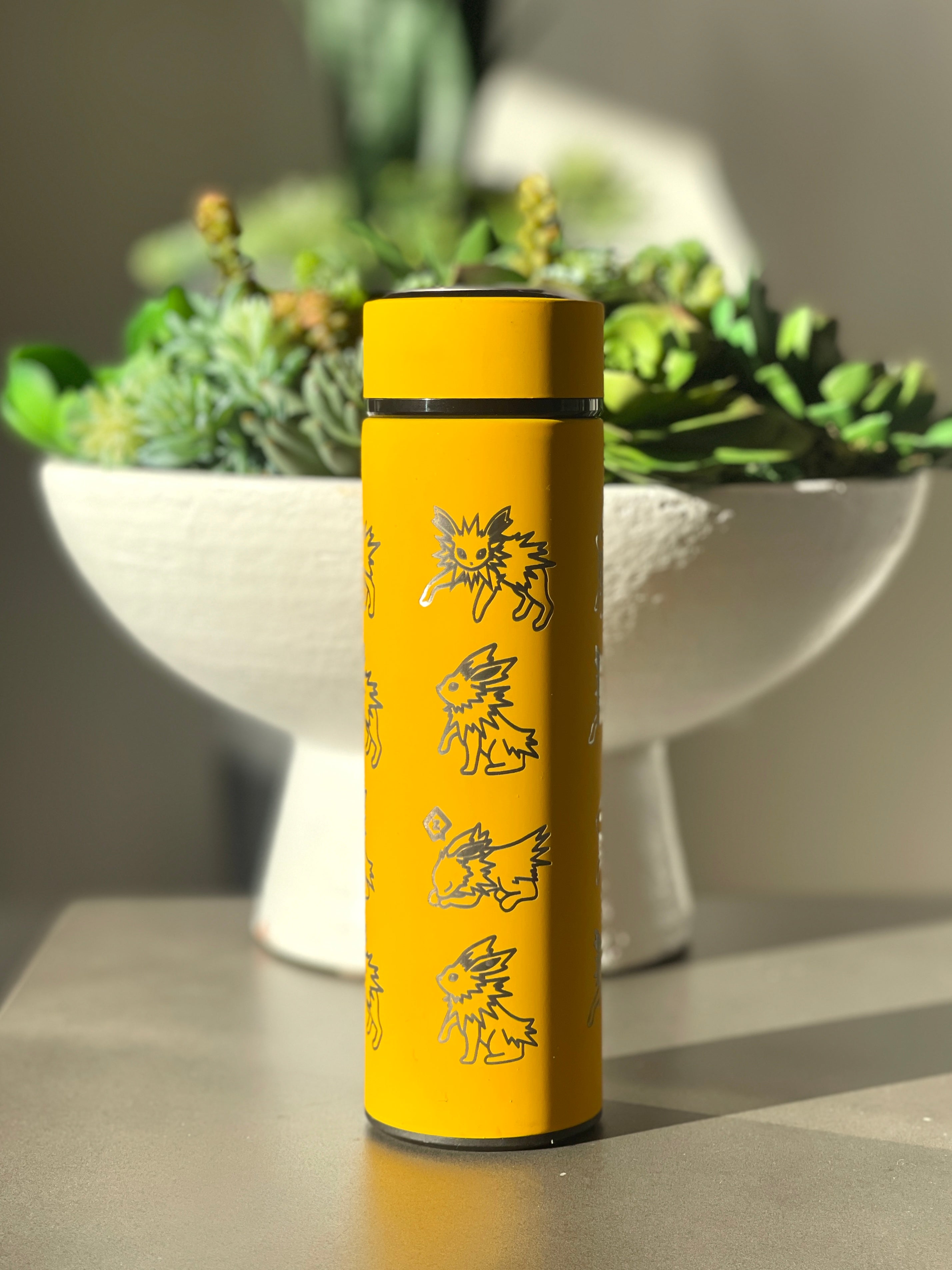 Jolteon Coffee Tumbler Tea Infuser with Sleeping Jolteon & Flower Crown, Engraved Waterbottle Electric Eevee Evolution Thermos, Anime Gift