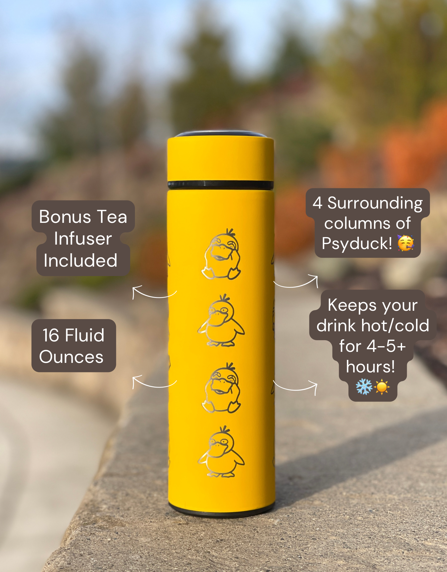 Psyduck Coffee Tumbler Tea Infuser Engraved Waterbottle Travel Mug