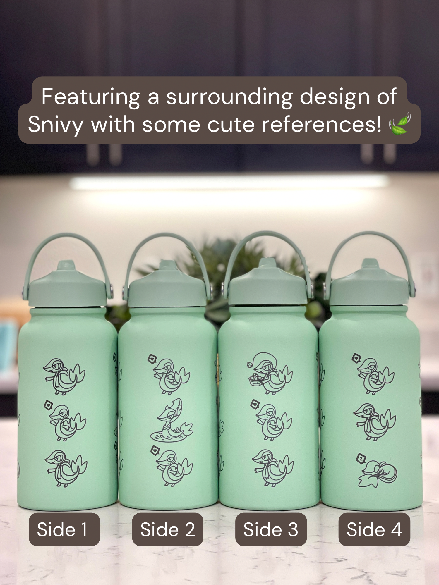 Snivy Water Bottle Engraved Waterbottle with Sleeping Snivy, Grass Unova Starter Coffee Tumbler Thermos, Gamer Anniversary Gift