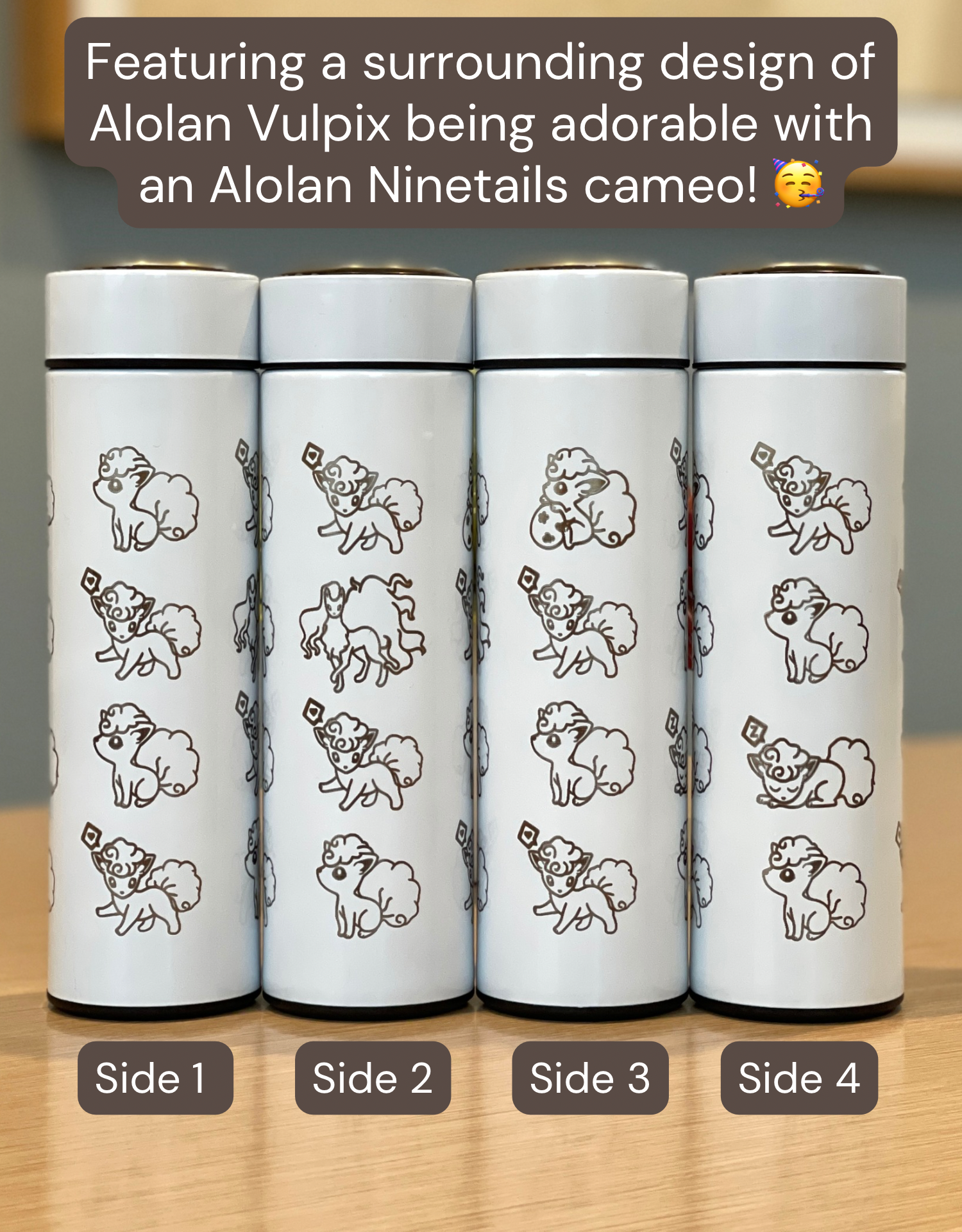 Alolan Vulpix Ninetails Coffee Tumbler Tea Infuser, Engraved Water Bottle Travel Mug, Sleeping Vulpix Cute Anime Fan Gift