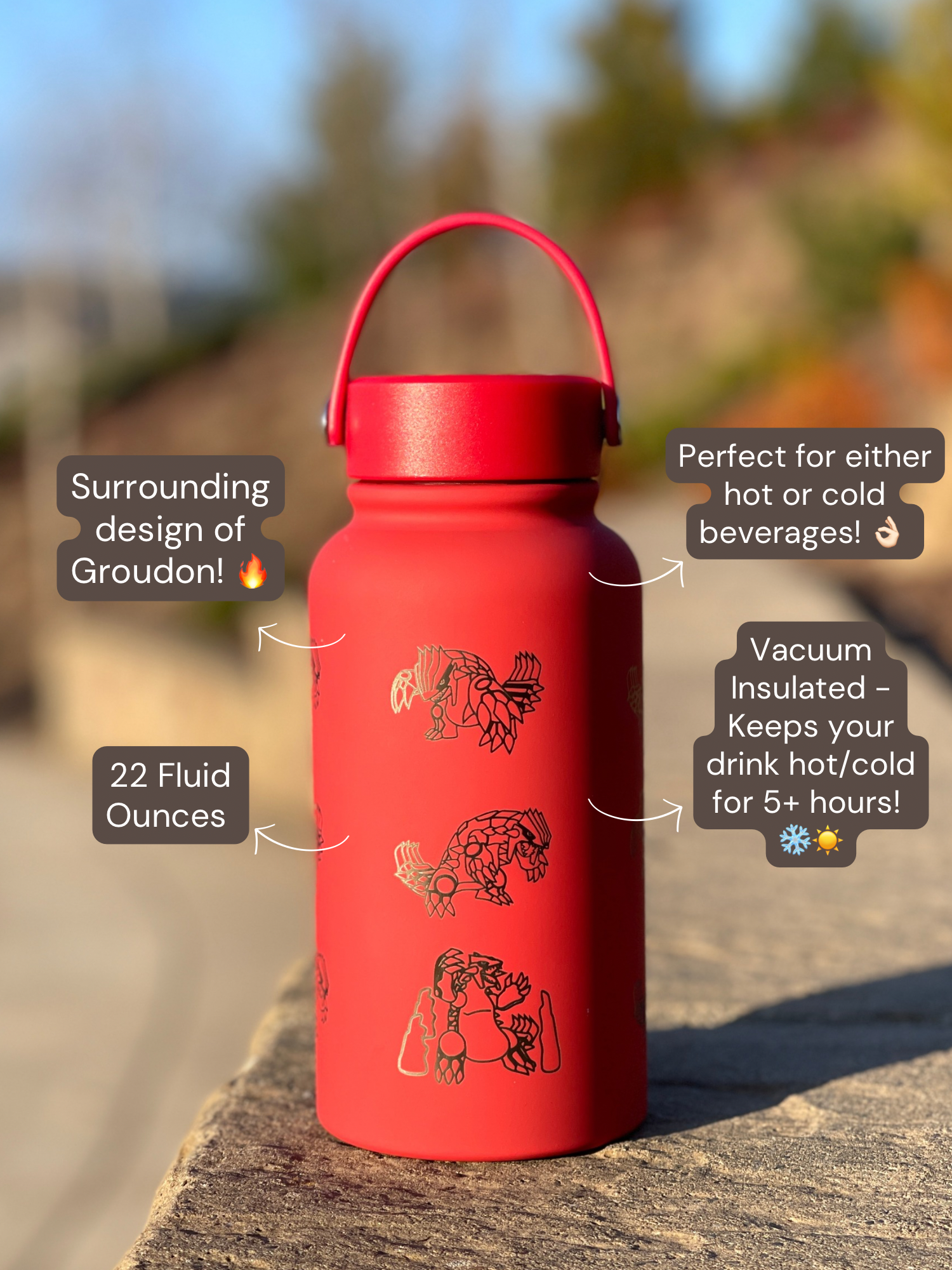 Groudon Water Bottle Engraved Waterbottle with Primal Groudon & Precipice Blades, Legendary Coffee Tumbler Thermos Flask, Gamer Anniversary Gift