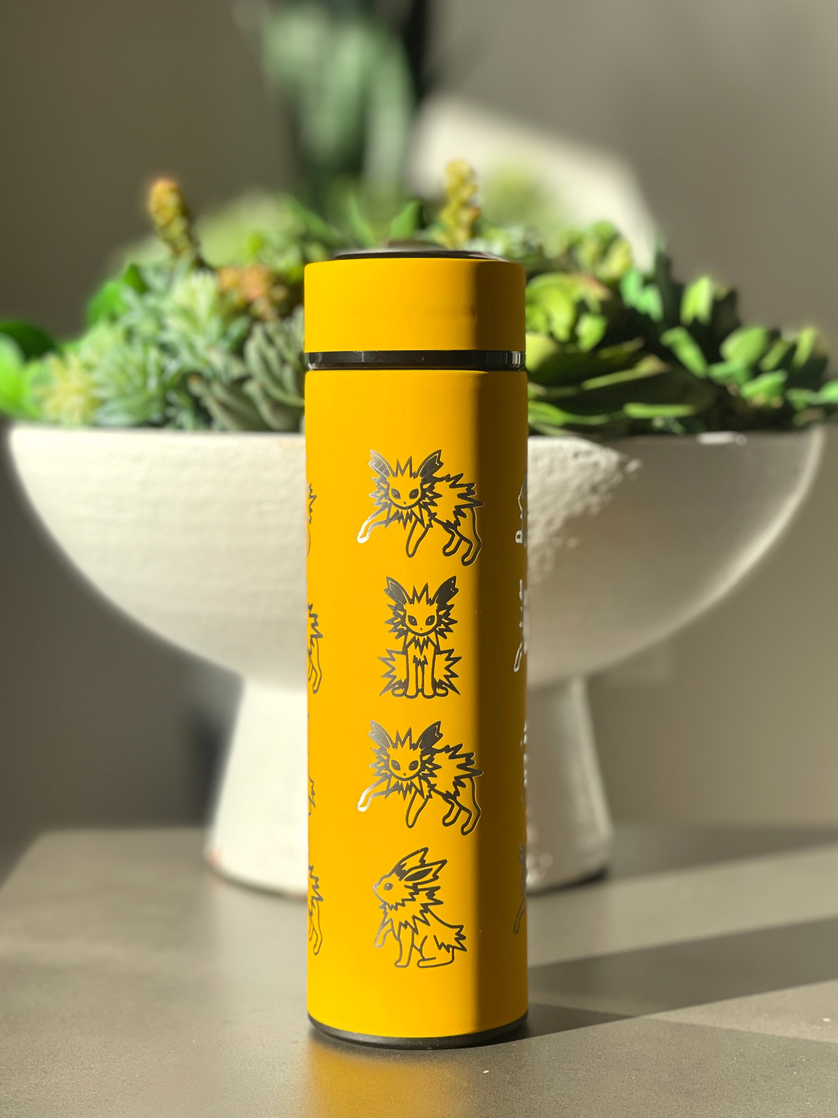 Jolteon Coffee Tumbler Tea Infuser with Sleeping Jolteon & Flower Crown, Engraved Waterbottle Electric Eevee Evolution Thermos, Anime Gift
