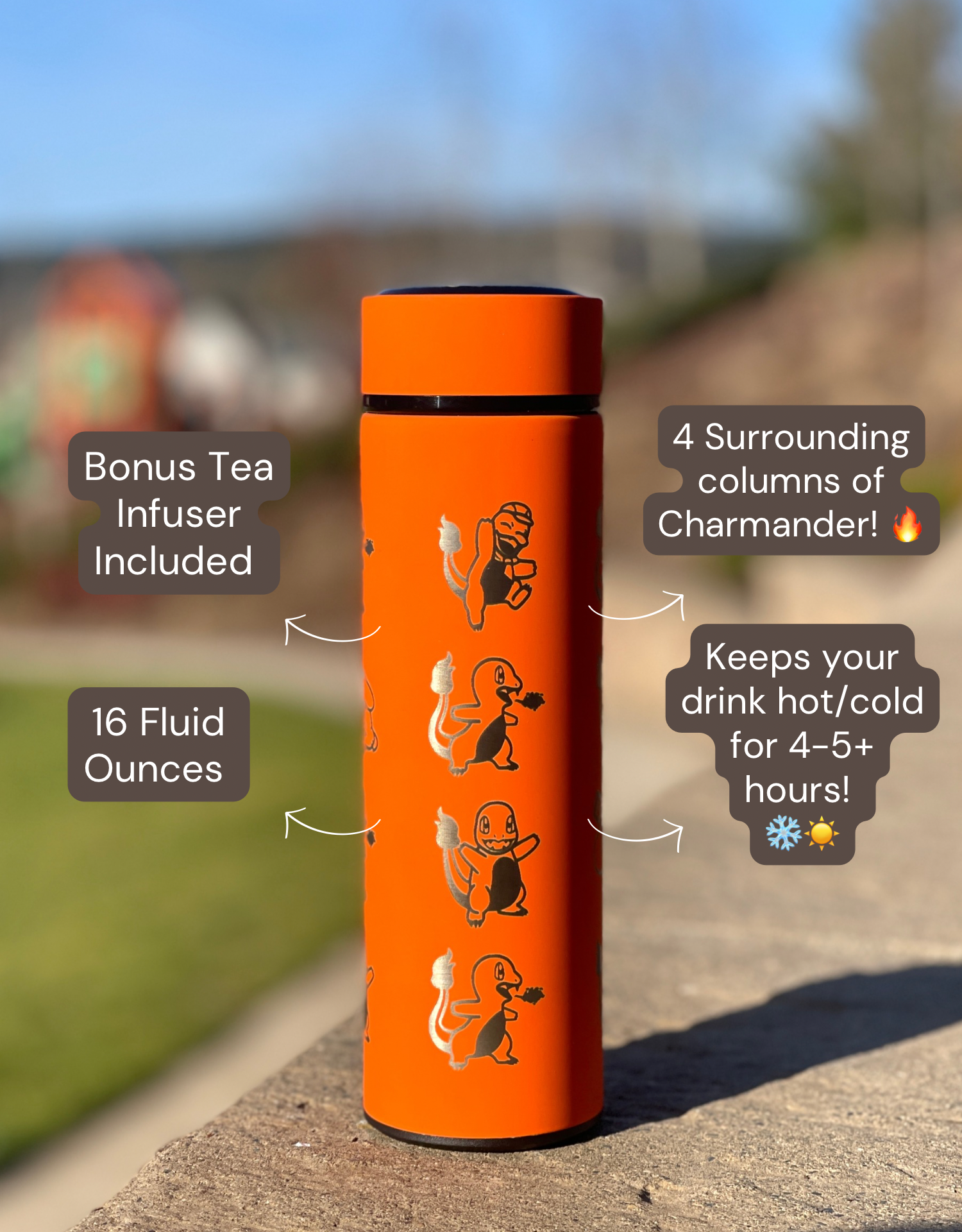 Charmander Coffee Tumbler Tea Infuser with Sleeping Charmander Leaf, Kanto Fire Starter Engraved Waterbottle Travel Mug, Anime Fan Gift