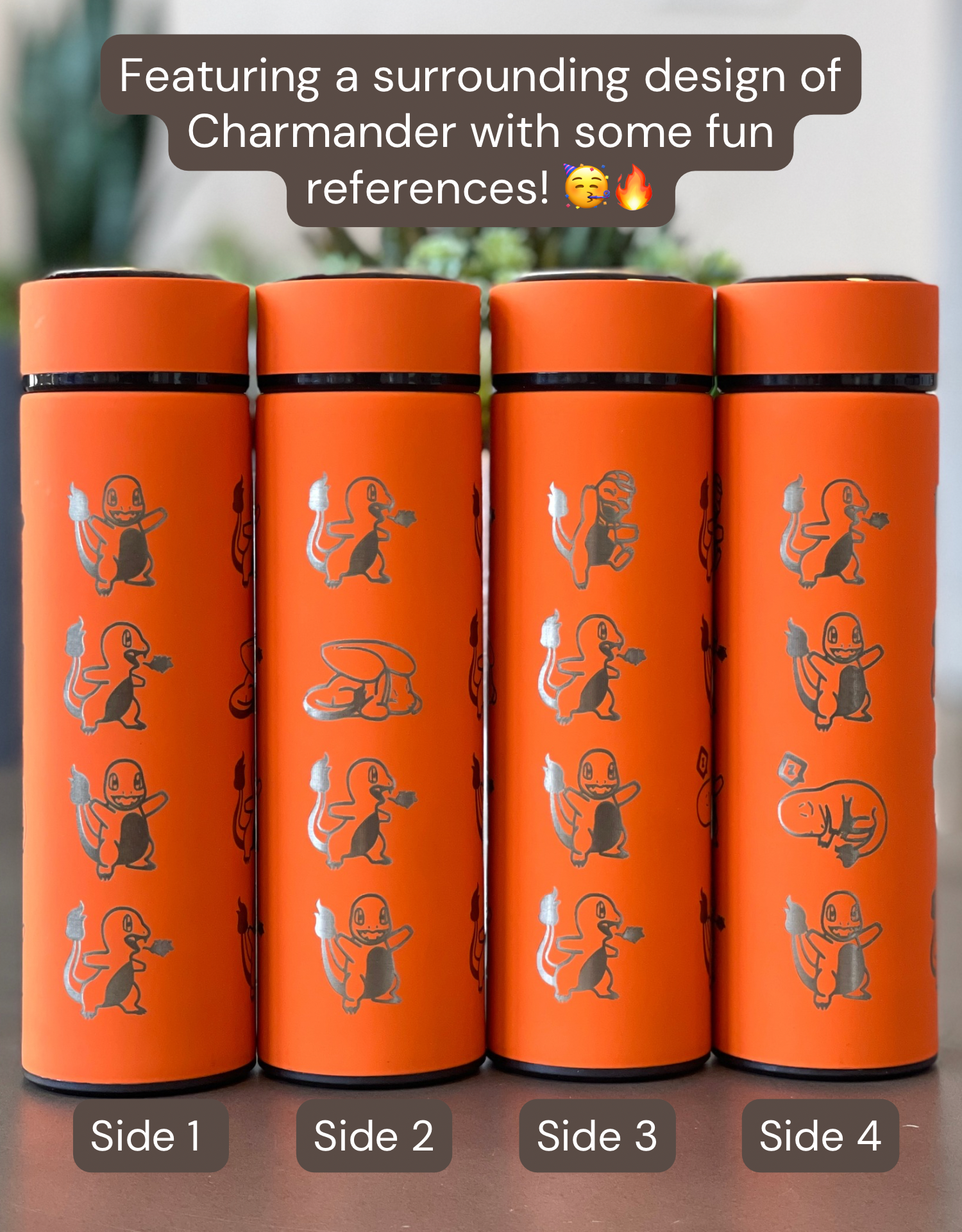 Charmander Coffee Tumbler Tea Infuser with Sleeping Charmander Leaf, Kanto Fire Starter Engraved Waterbottle Travel Mug, Anime Fan Gift