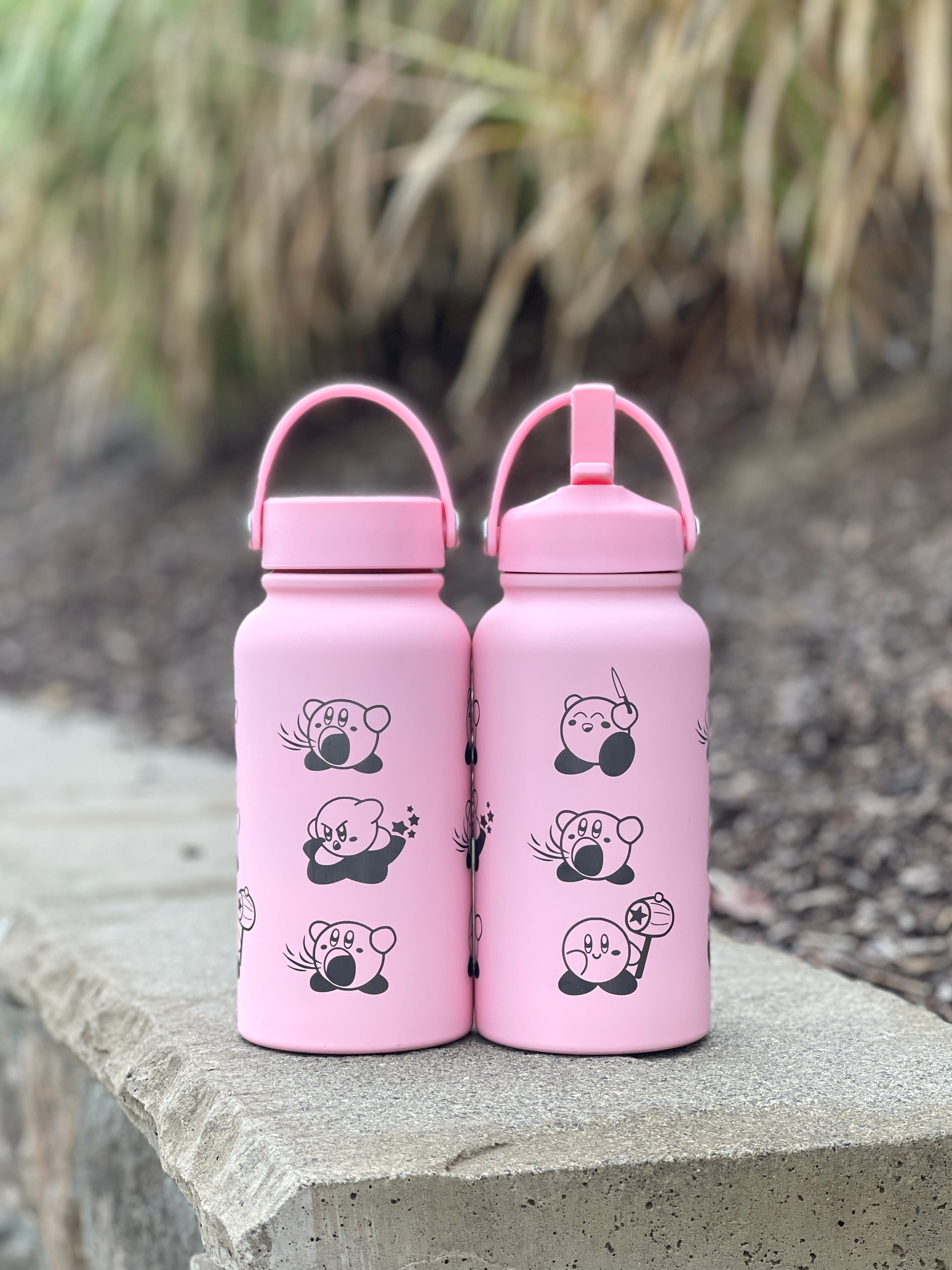 Kirby Water Bottle Engraved Waterbottle with Knife Kirby Warp Star & Hammer Coffee Tumbler Thermos, Gamer Anniversary Gift