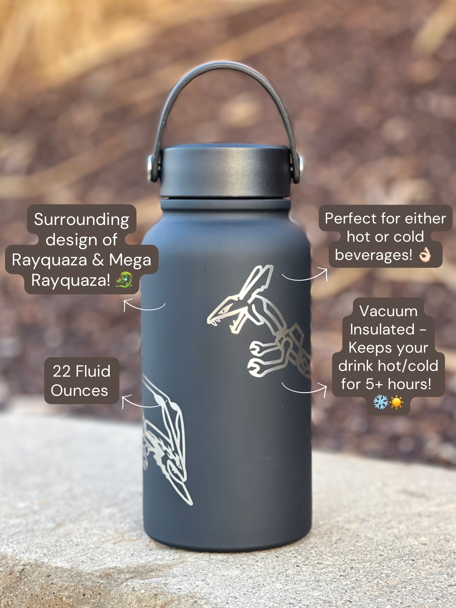 Shiny Rayquaza & Mega Rayquaza Water Bottle Engraved Waterbottle Black Rayquaza Dragon Legendary Coffee Tumbler Thermos, Gamer Anniversary Gift