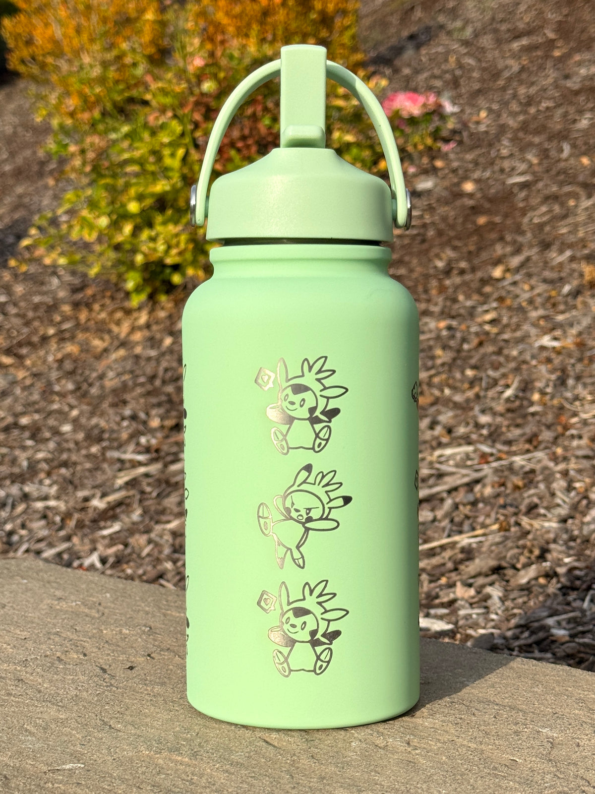 Chespin Water Bottle Engraved Coffee Tumbler with Sleeping Chespin Waterbottle, Kalos Grass Starter Thermos Anime Fan Birthday Gift